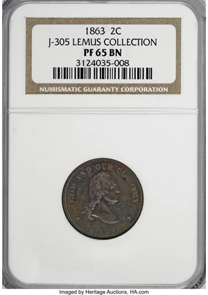 image for: 1863 2C Two Cents, Judd-305, Pollock-370, R.4, PR65 Brown NGC....