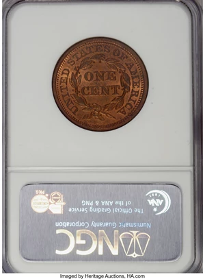 image for: 1856 1C Upright 5 MS65 Red NGC....