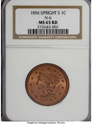 image for: 1856 1C Upright 5 MS65 Red NGC....