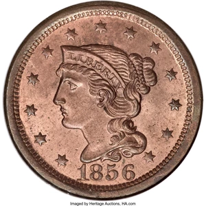 image for: 1856 1C Upright 5 MS65 Red NGC....