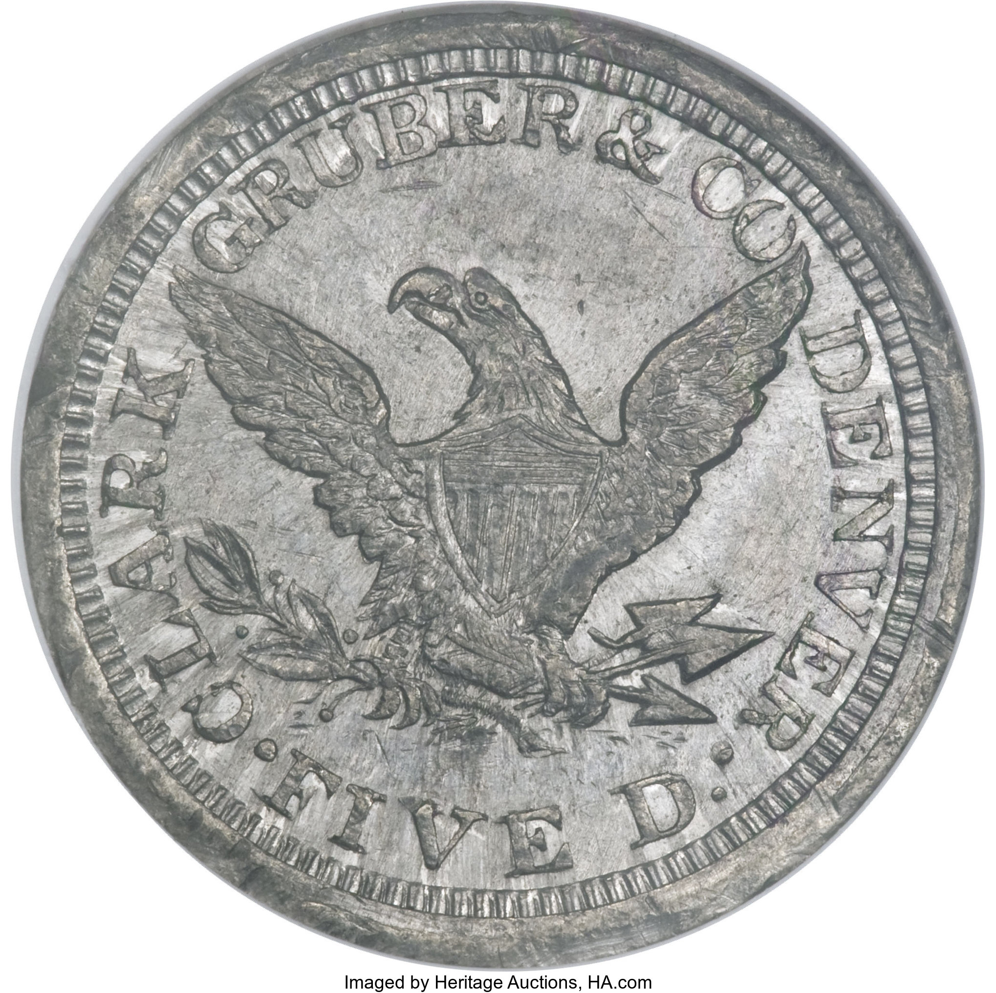 image for: 1861 $5 Clark, Gruber $5 White Metal Die Trial, Plain Edge MS62 NGC....