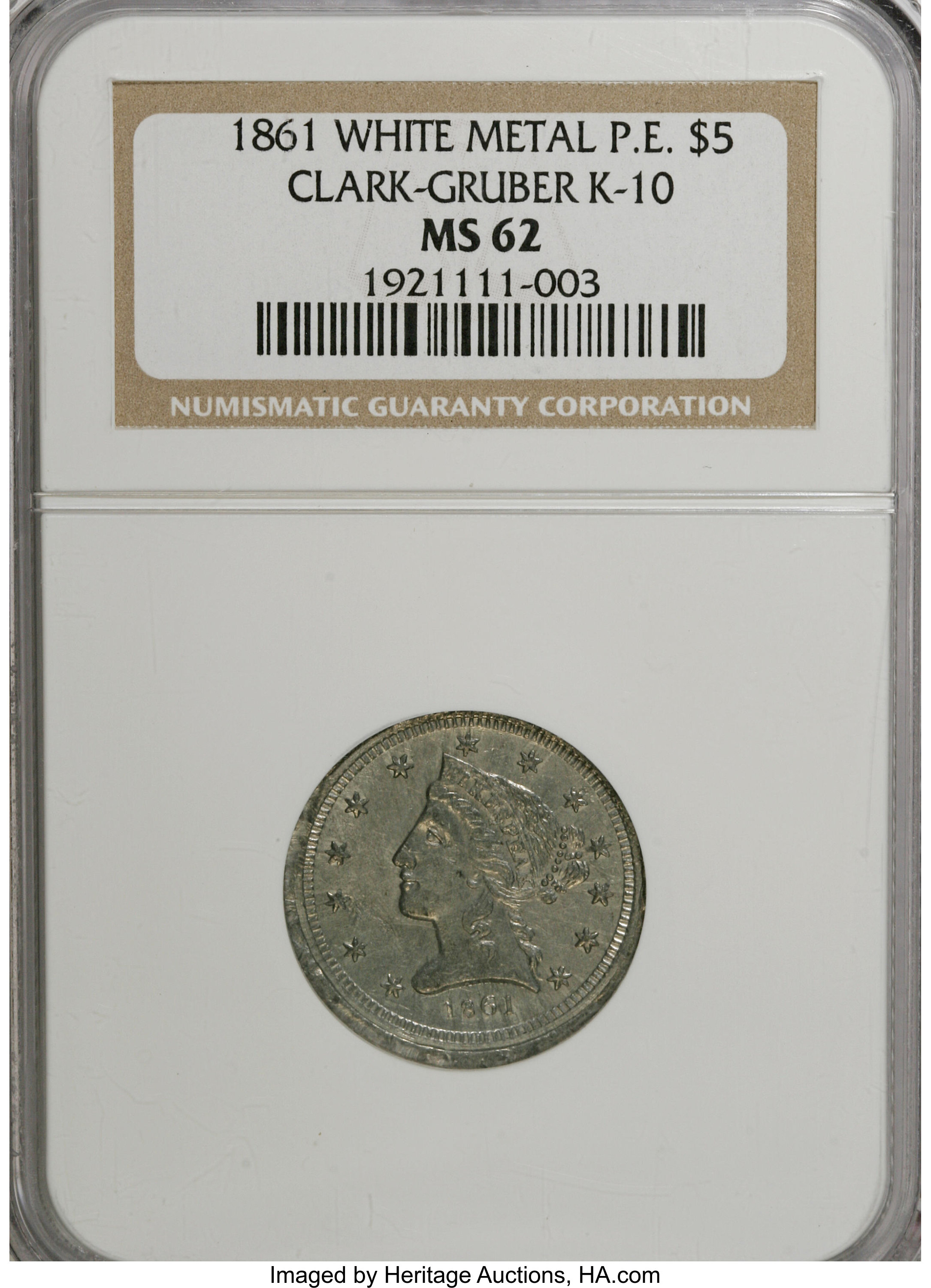 image for: 1861 $5 Clark, Gruber $5 White Metal Die Trial, Plain Edge MS62 NGC....