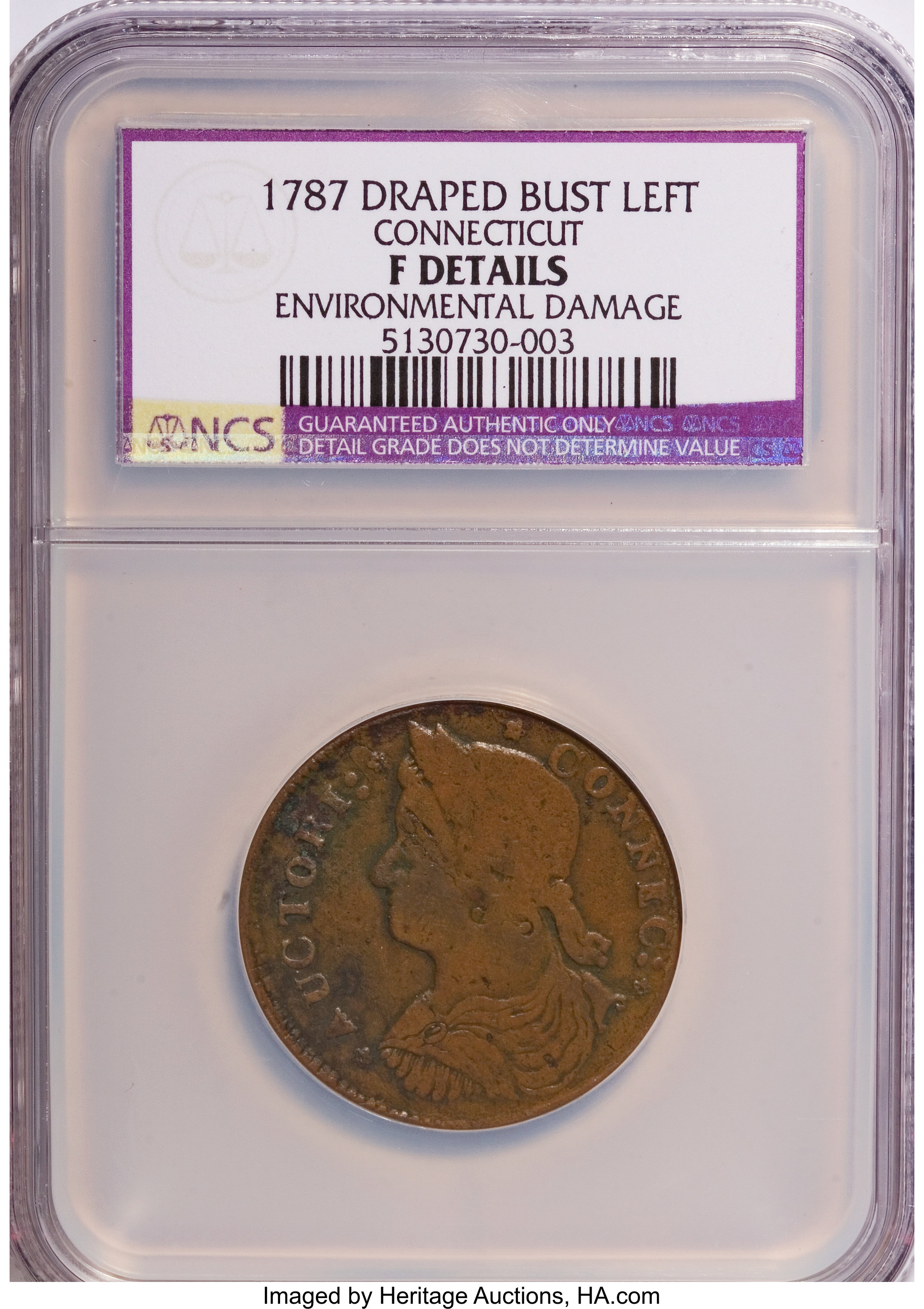image for: 1787 COPPER Connecticut Copper, Draped Bust Left--Environmental Damage--NCS. Fine Details. NGC Census: (0/0). PCGS Populati...