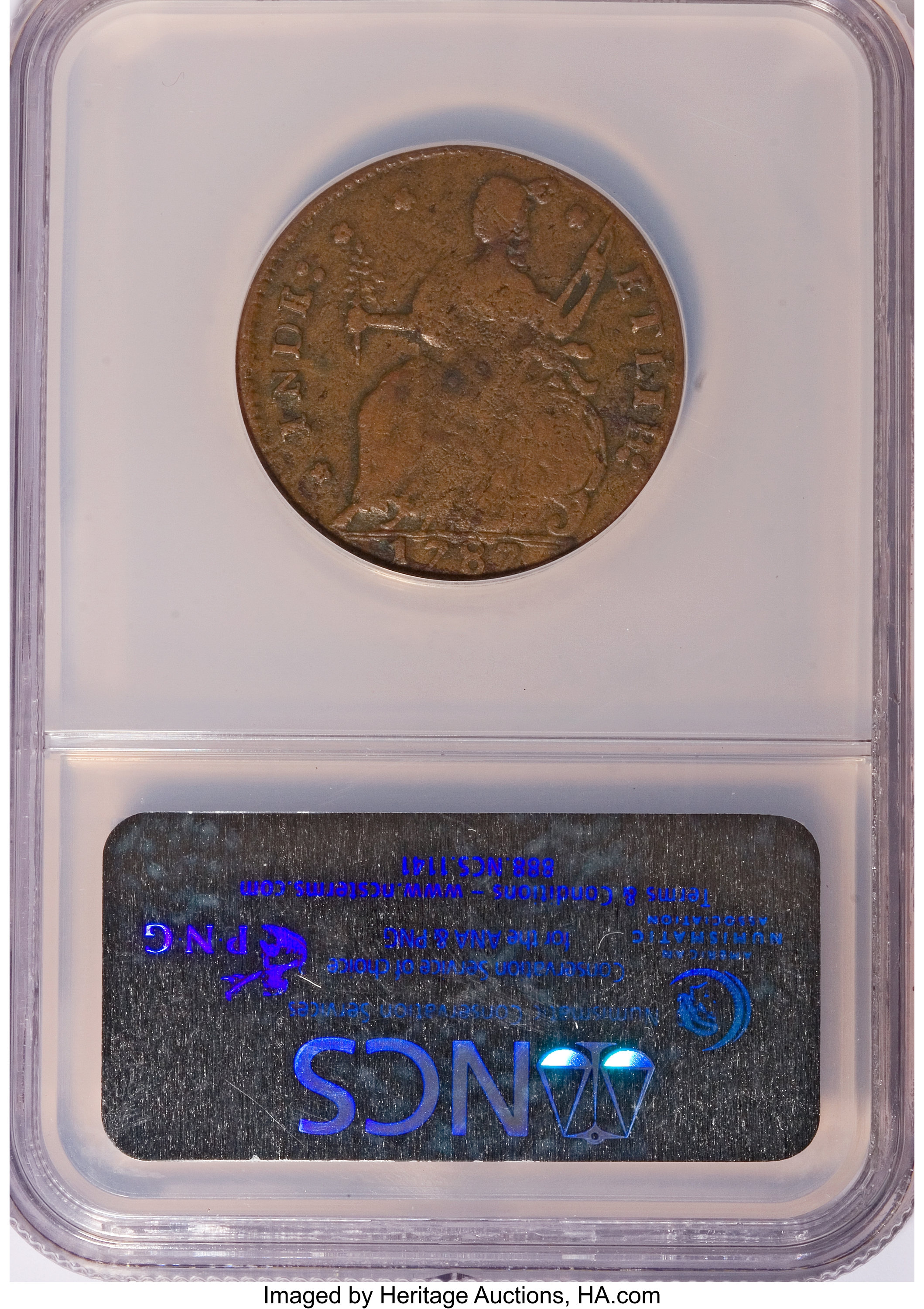 image for: 1787 COPPER Connecticut Copper, Draped Bust Left--Environmental Damage--NCS. Fine Details. NGC Census: (0/0). PCGS Populati...