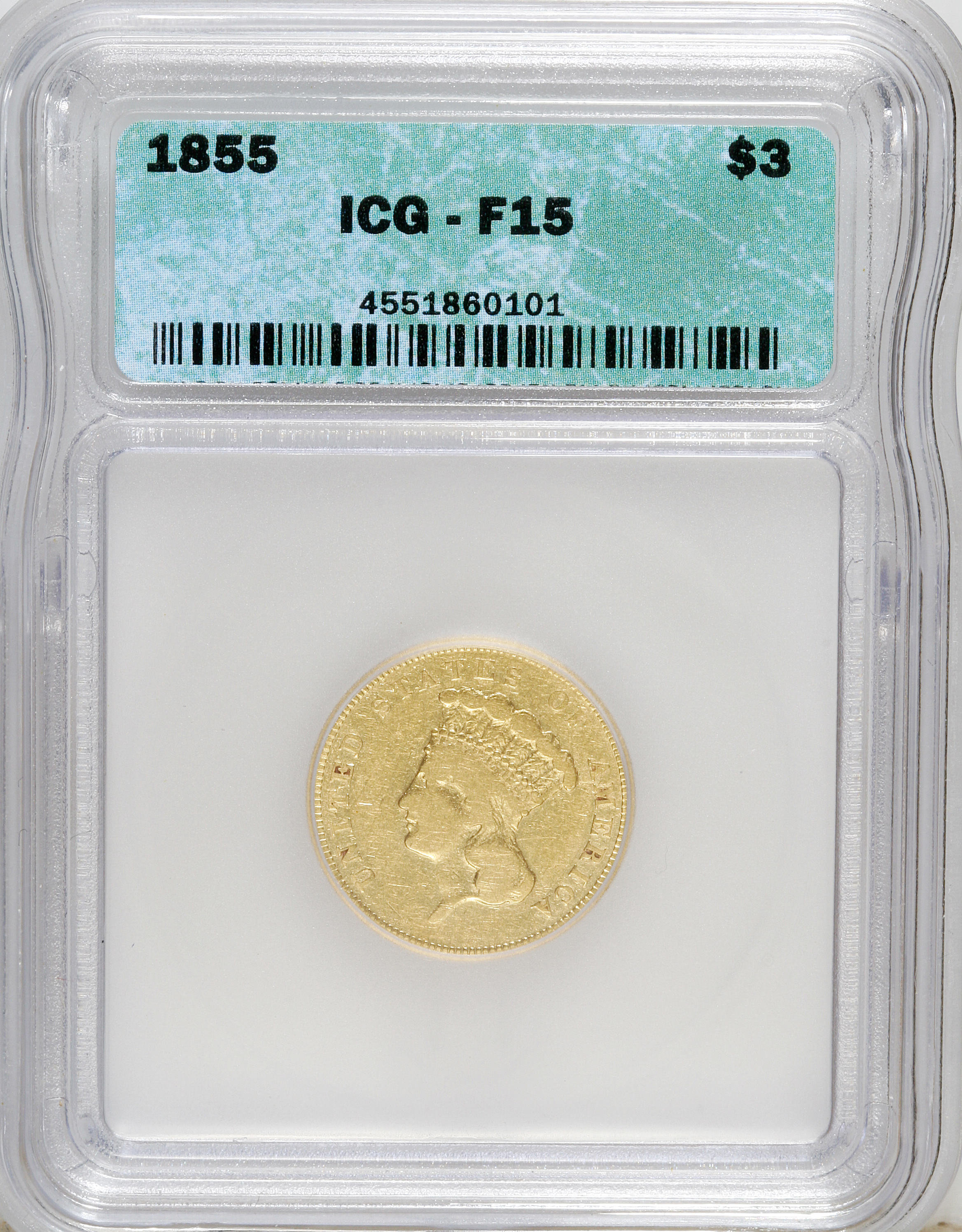 1855 $3 F15 ICG. NGC Census: (0/969). PCGS Population (0/674). Mintage: 50,555. Numismedia Wsl. Price for NGC/PCGS coin in ...