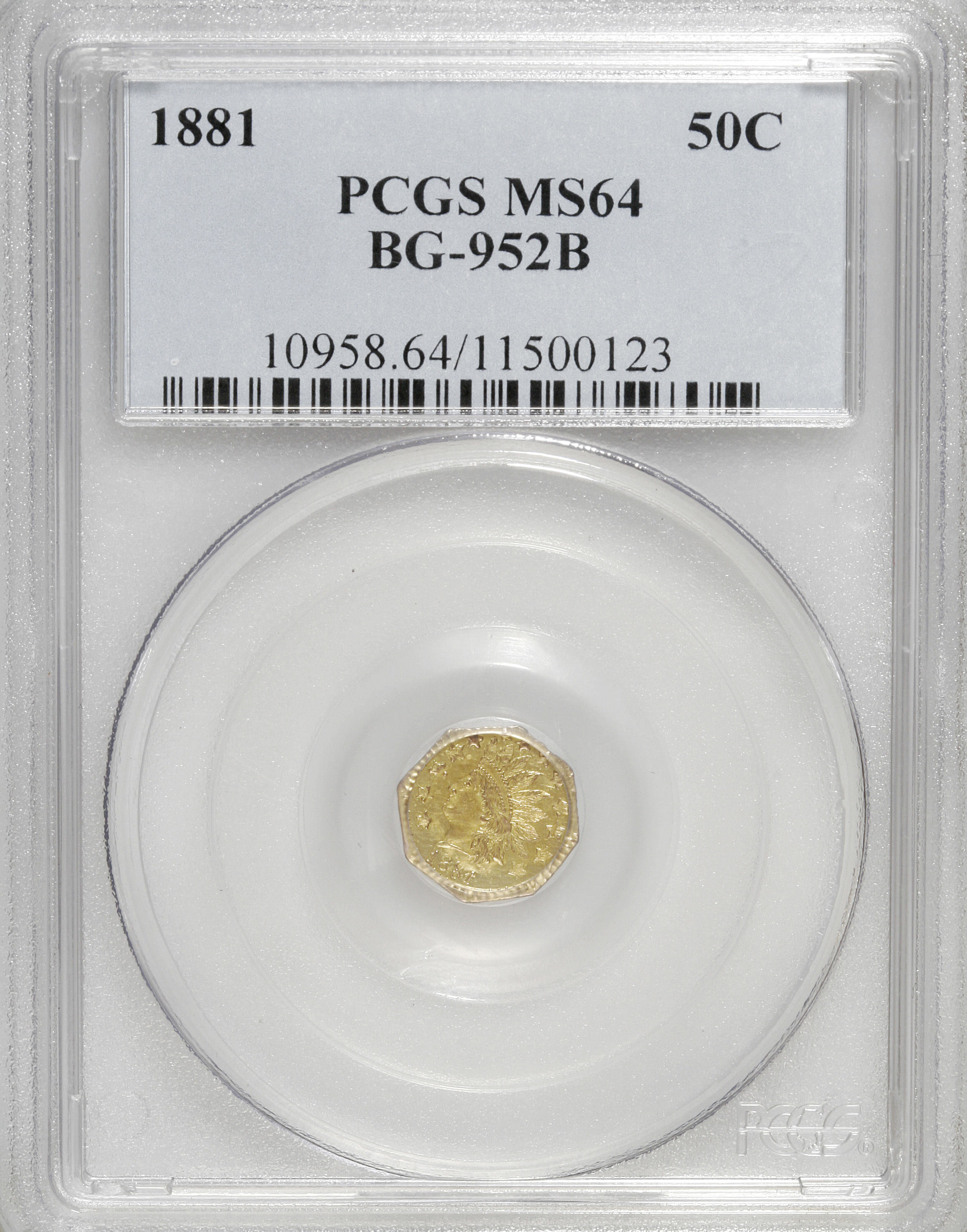 image for: 1881 50C Indian Octagonal 50 Cents, BG-952B MS64 PCGS. PCGS Population (12/9). NGC Census: (1/0).   (#10958)...