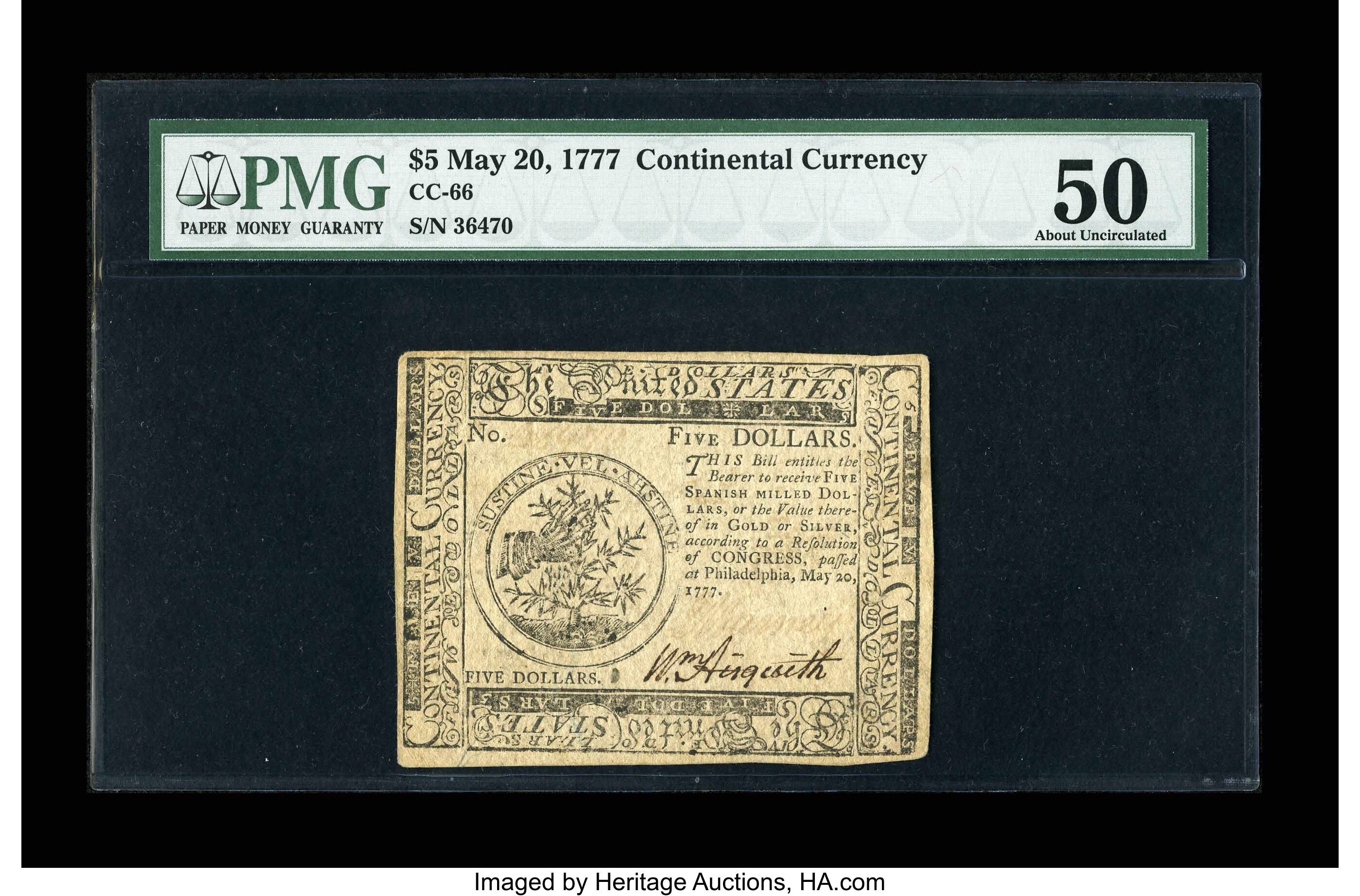image for: Continental Currency May 20, 1777 $5 PMG About Uncirculated 50....