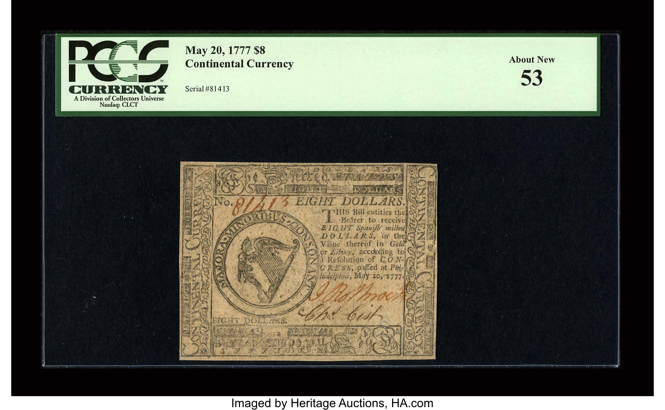 image for: Continental Currency May 20, 1777 $8 PCGS About New 53....