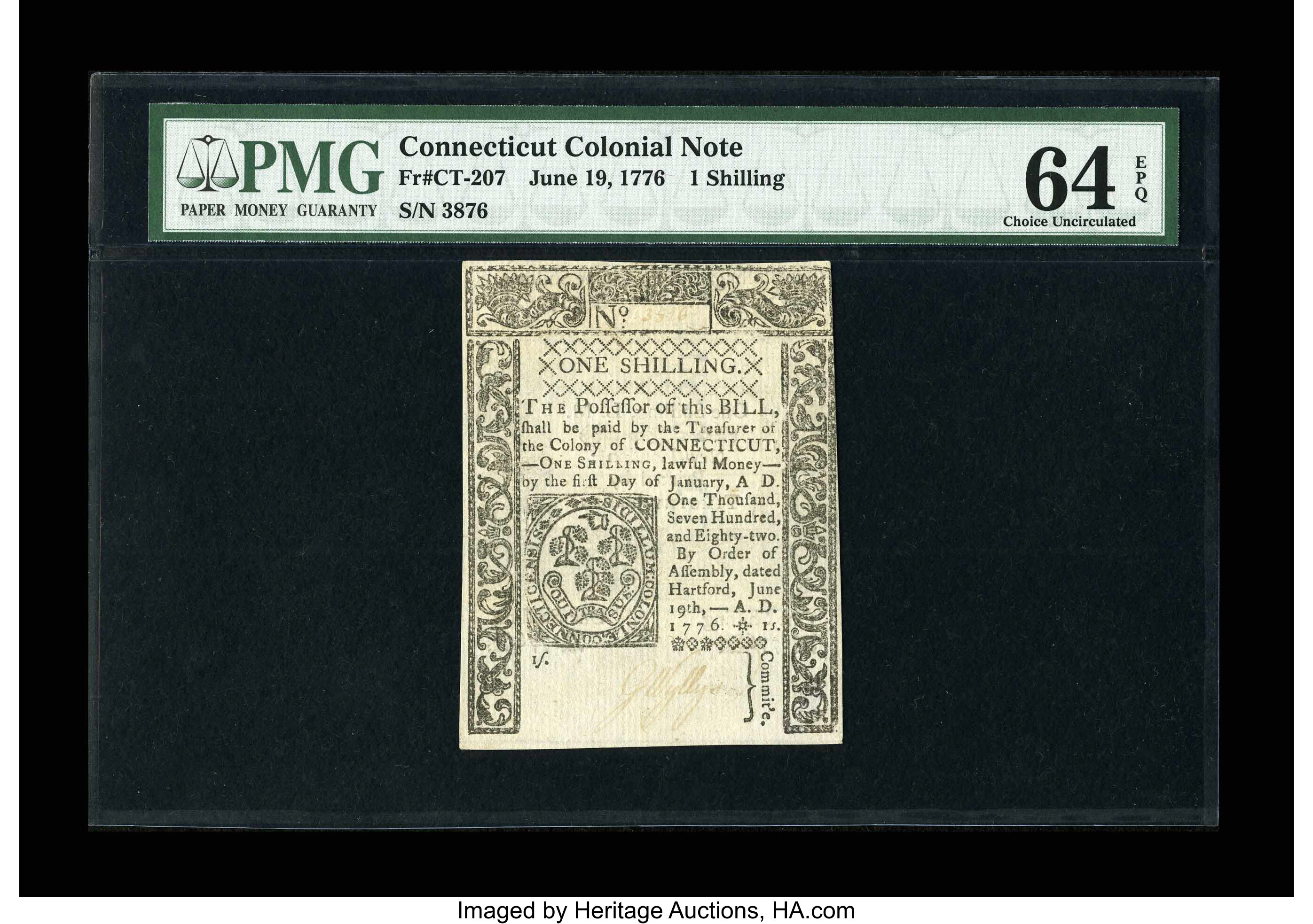 image for: Connecticut June 19, 1776 1s PMG Choice Uncirculated 64 EPQ....