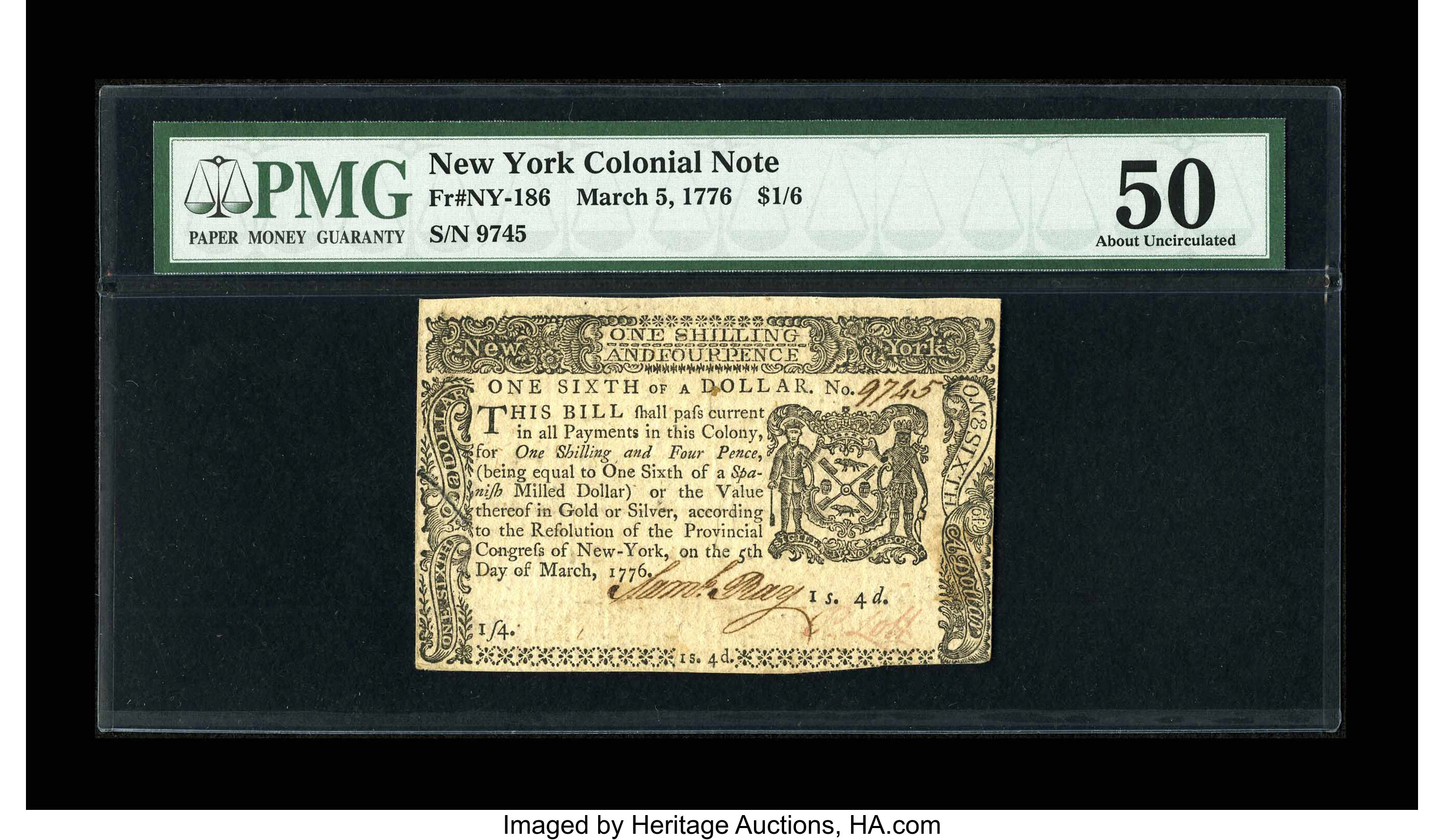 image for: New York March 5, 1776 $1/6 PMG About Uncirculated 50....