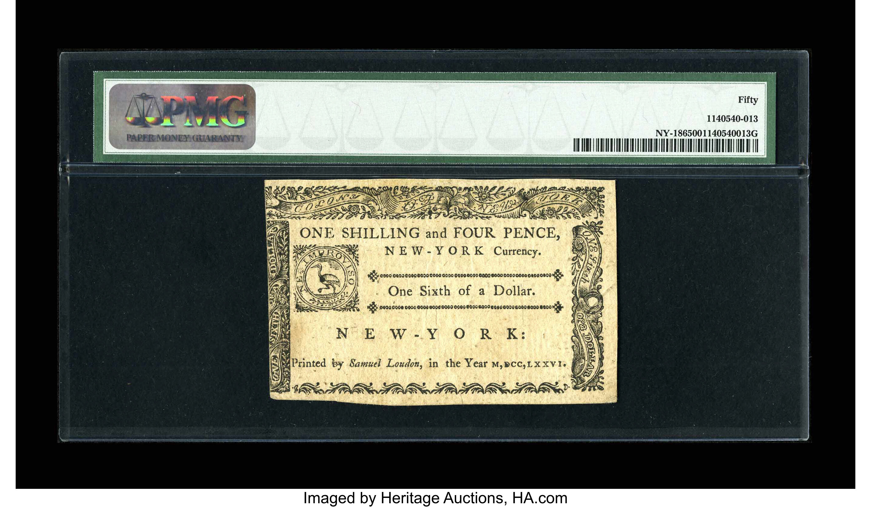 image for: New York March 5, 1776 $1/6 PMG About Uncirculated 50....