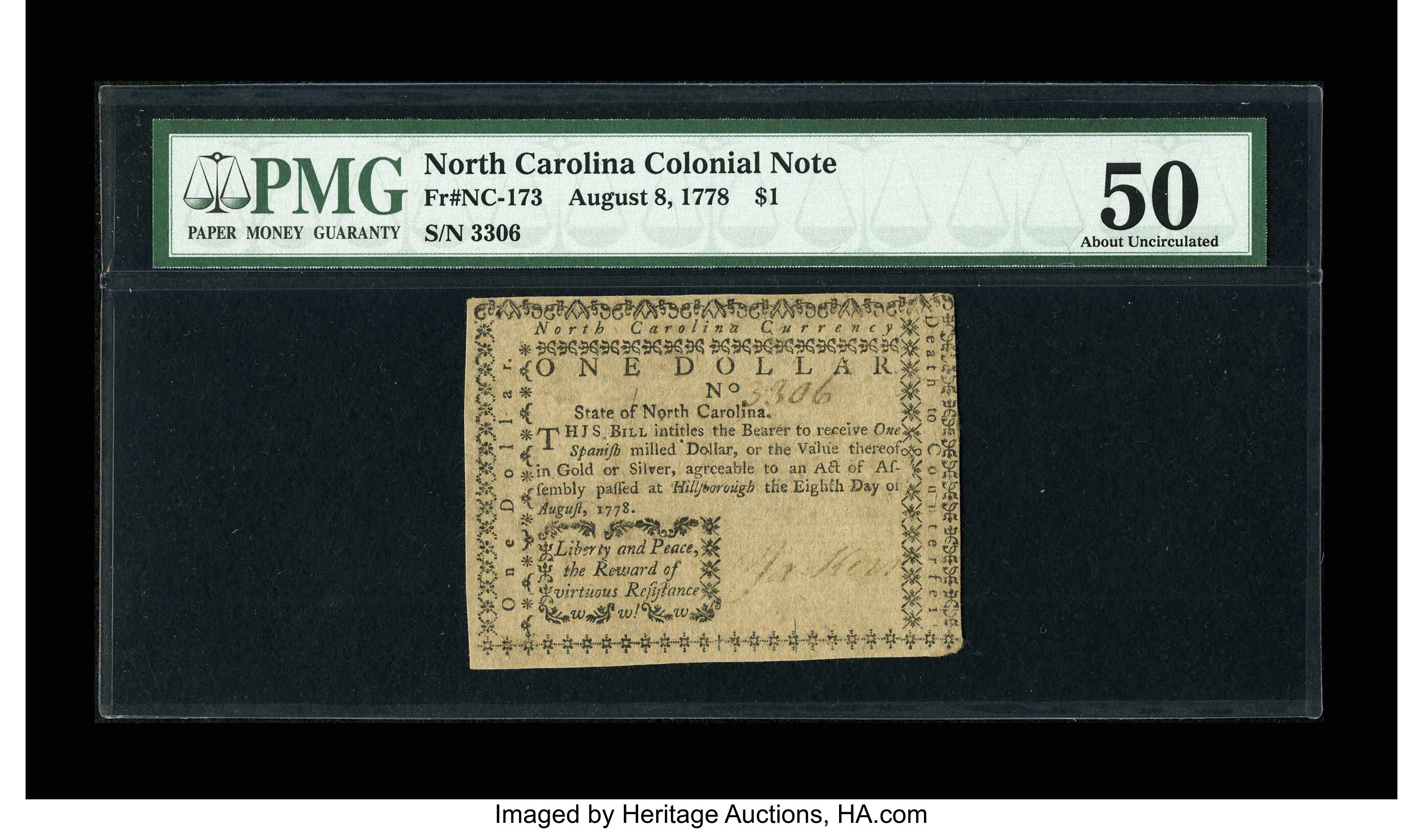 image for: North Carolina August 8, 1778 $1 PMG About Uncirculated 50....