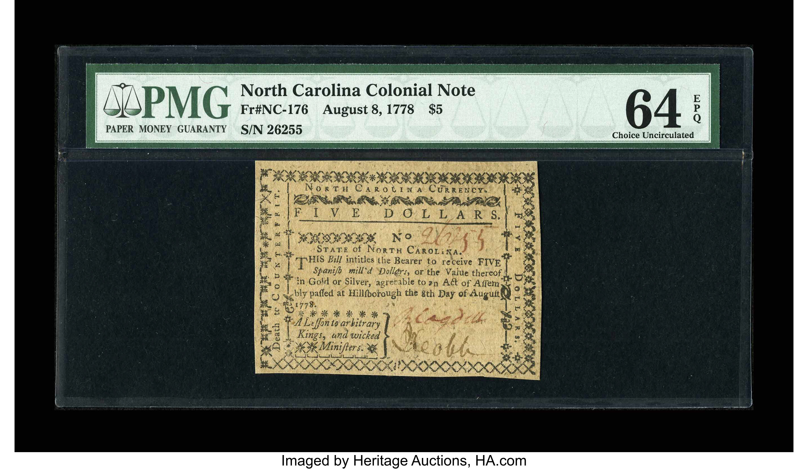 image for: North Carolina August 8, 1778 $5 PMG Choice Uncirculated 64 EPQ....