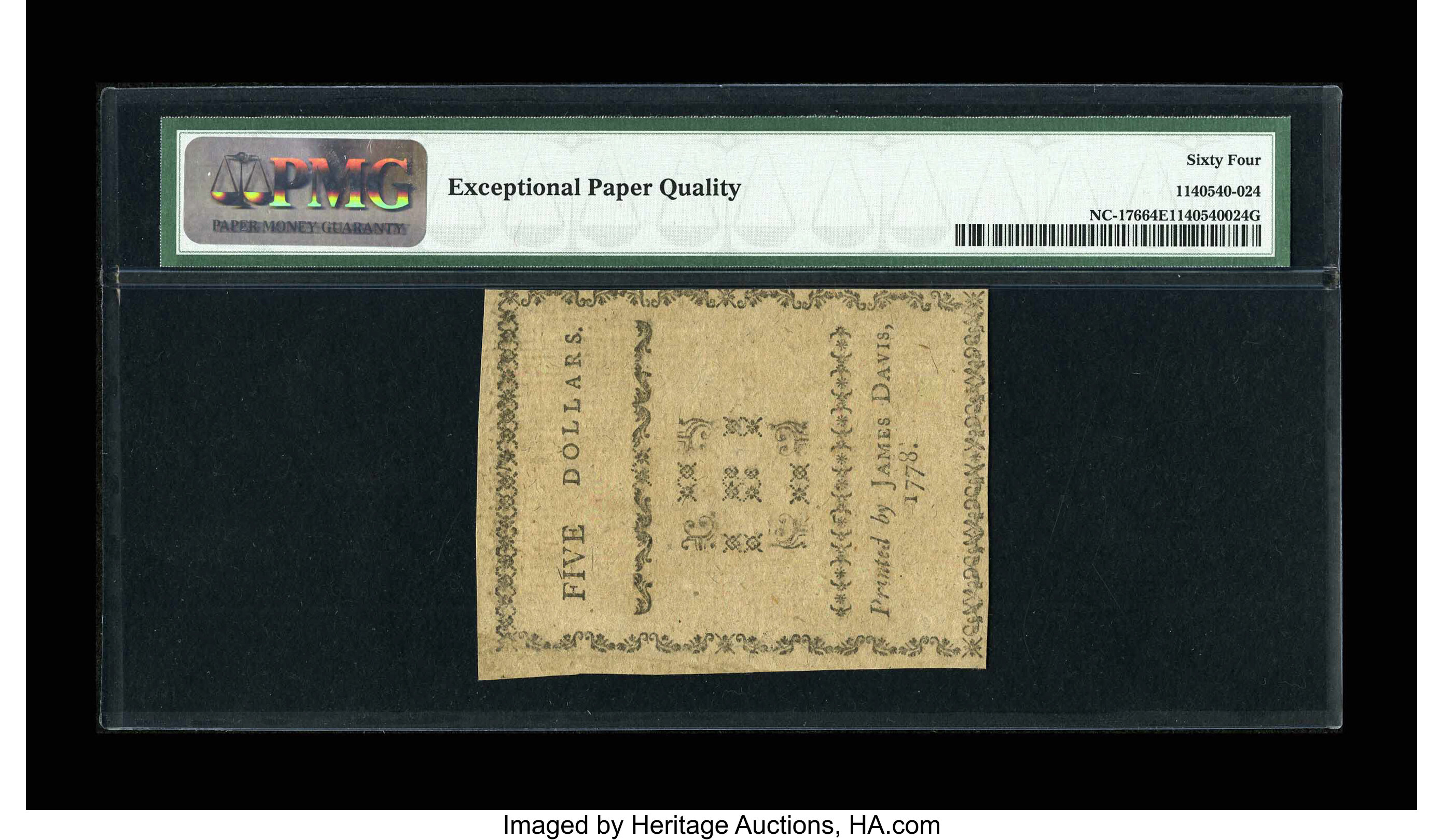 image for: North Carolina August 8, 1778 $5 PMG Choice Uncirculated 64 EPQ....