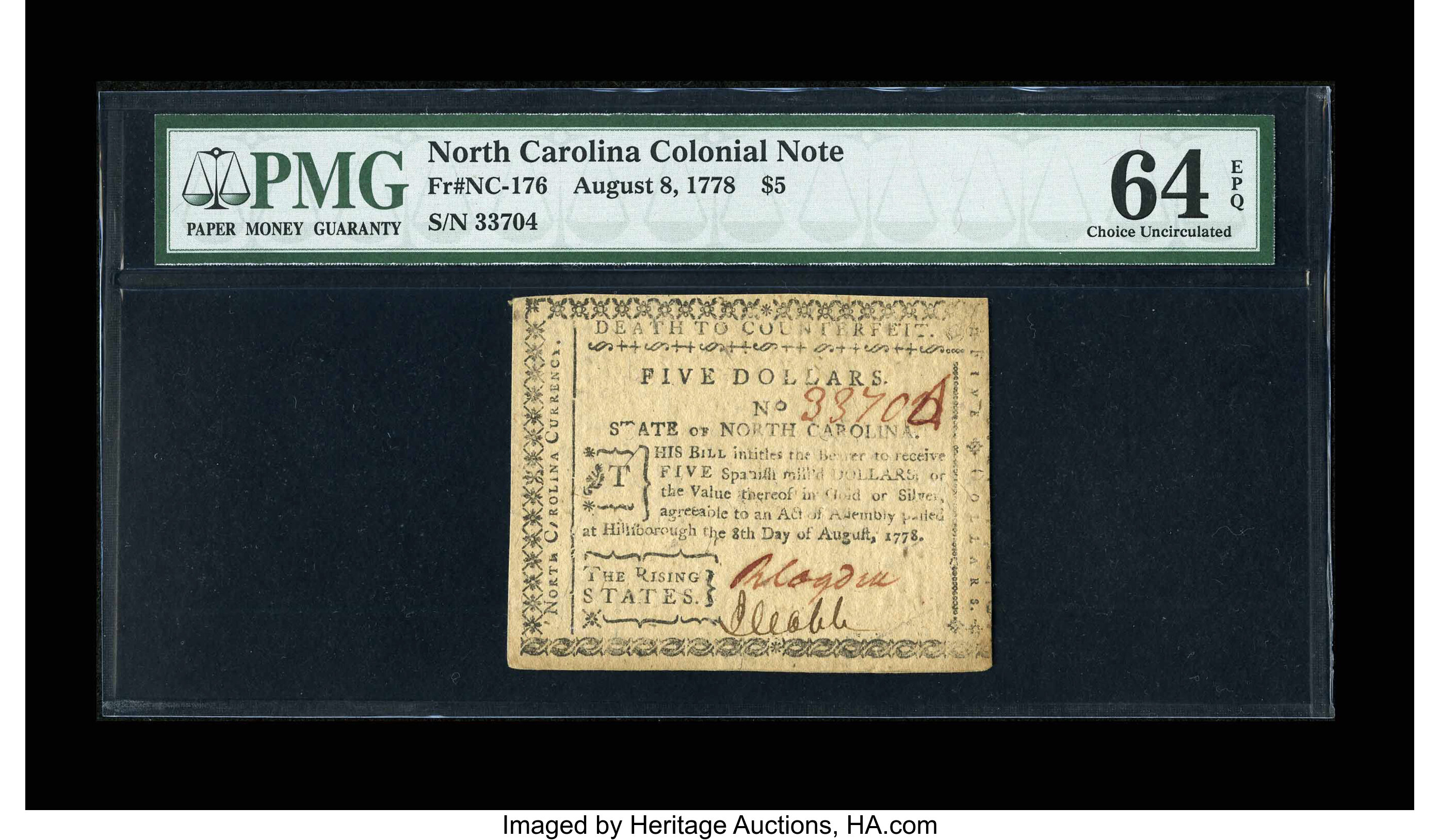 image for: North Carolina August 8, 1778 $5 PMG Choice Uncirculated 64 EPQ....