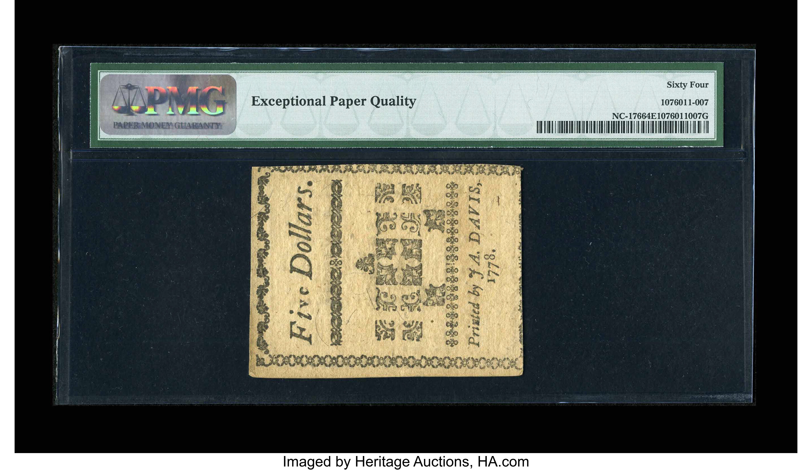 image for: North Carolina August 8, 1778 $5 PMG Choice Uncirculated 64 EPQ....