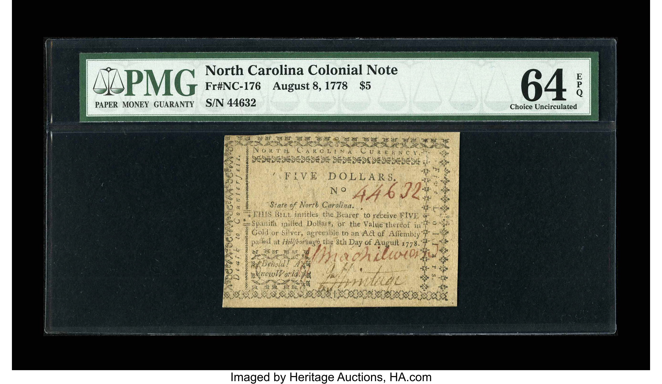 image for: North Carolina August 8, 1778 $5 PMG Choice Uncirculated 64 EPQ....