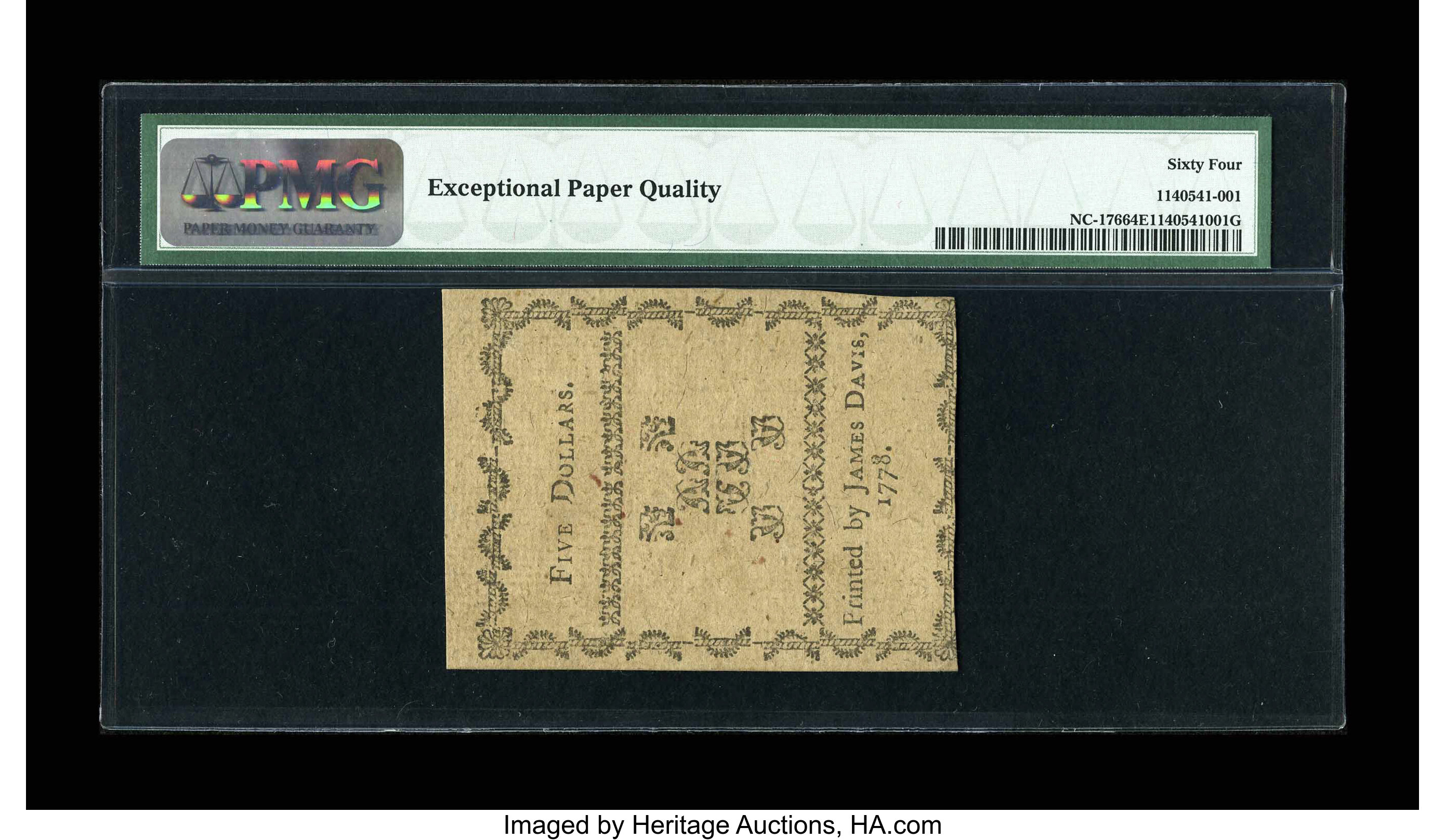 image for: North Carolina August 8, 1778 $5 PMG Choice Uncirculated 64 EPQ....