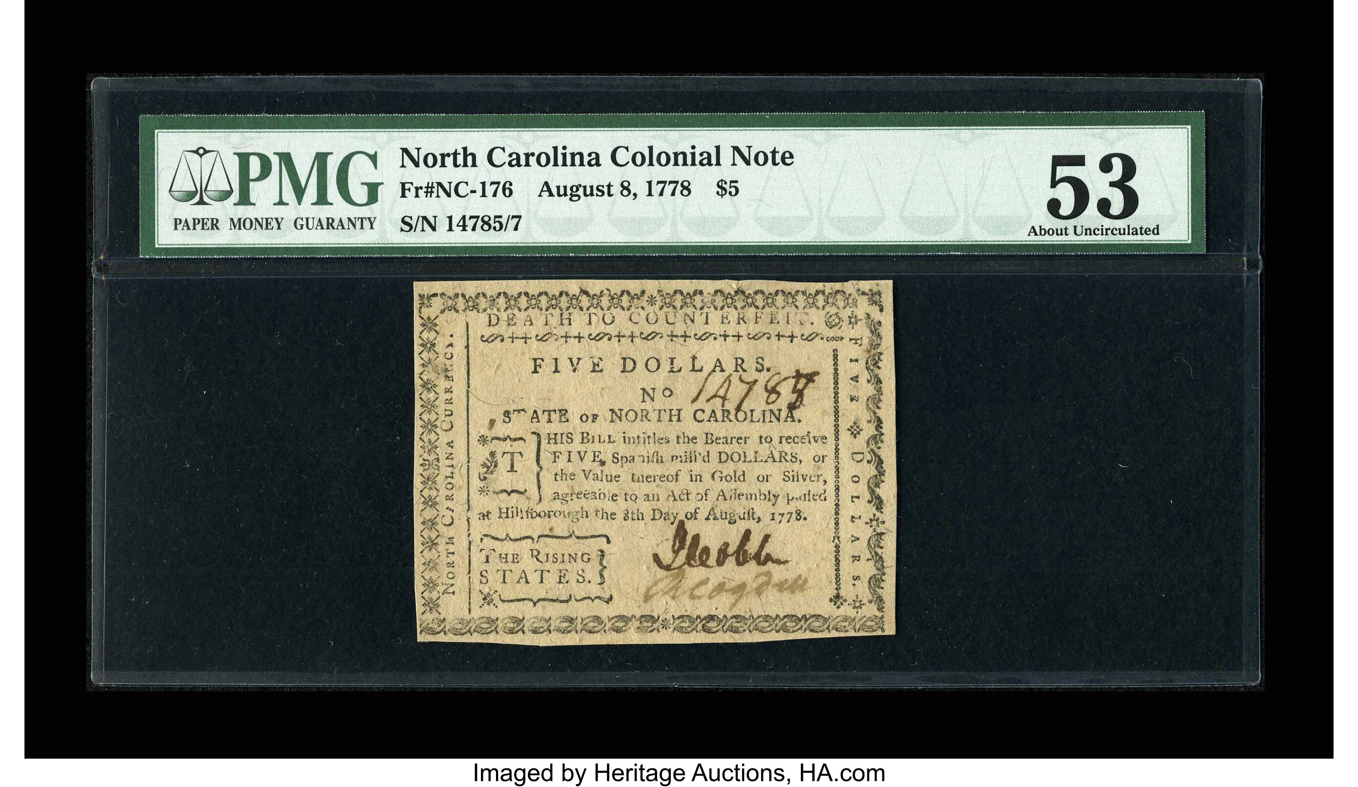 image for: North Carolina August 8, 1778 $5 PMG About New 53....