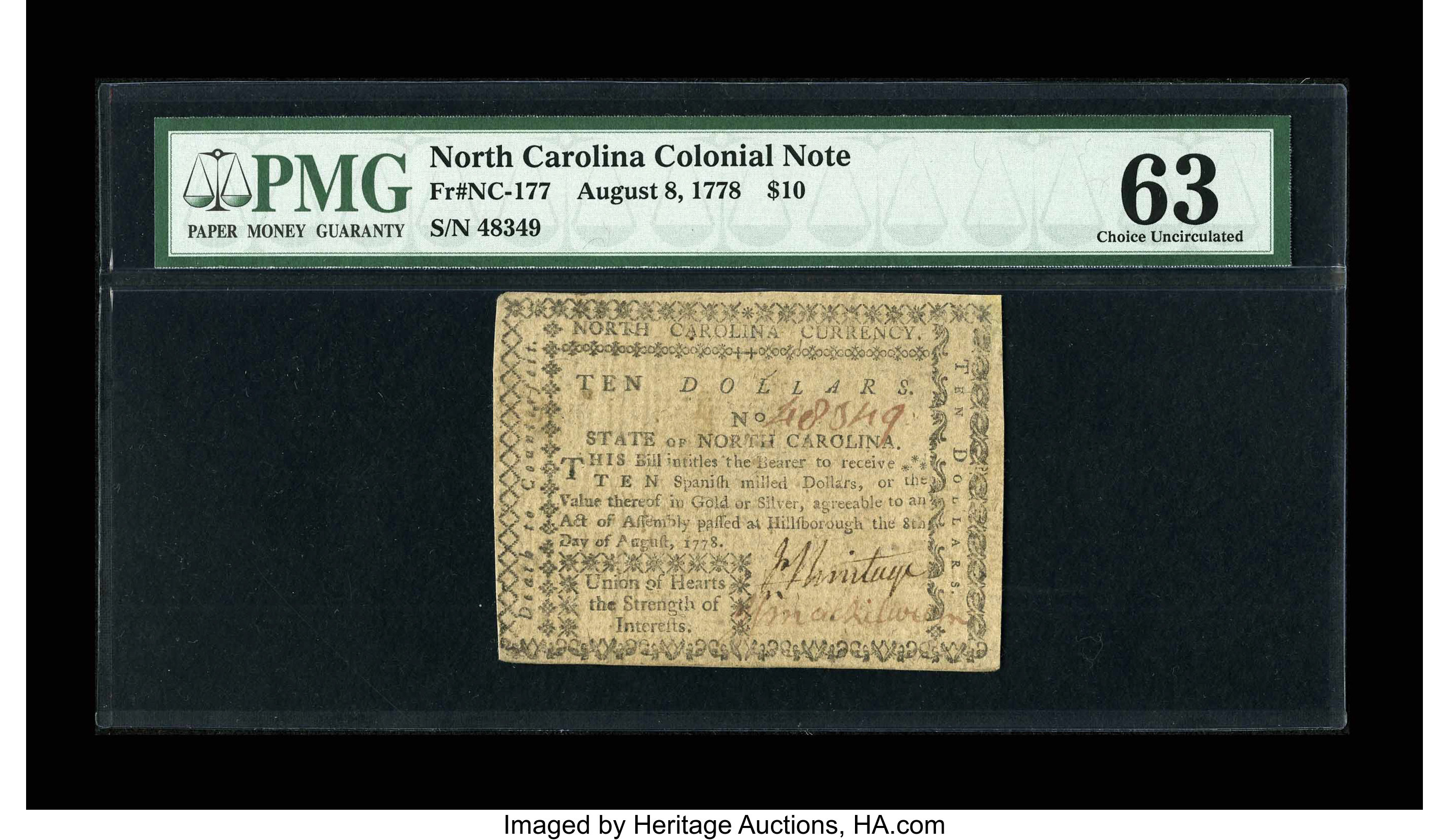 image for: North Carolina August 8, 1778 $10 PMG Choice Uncirculated 63....