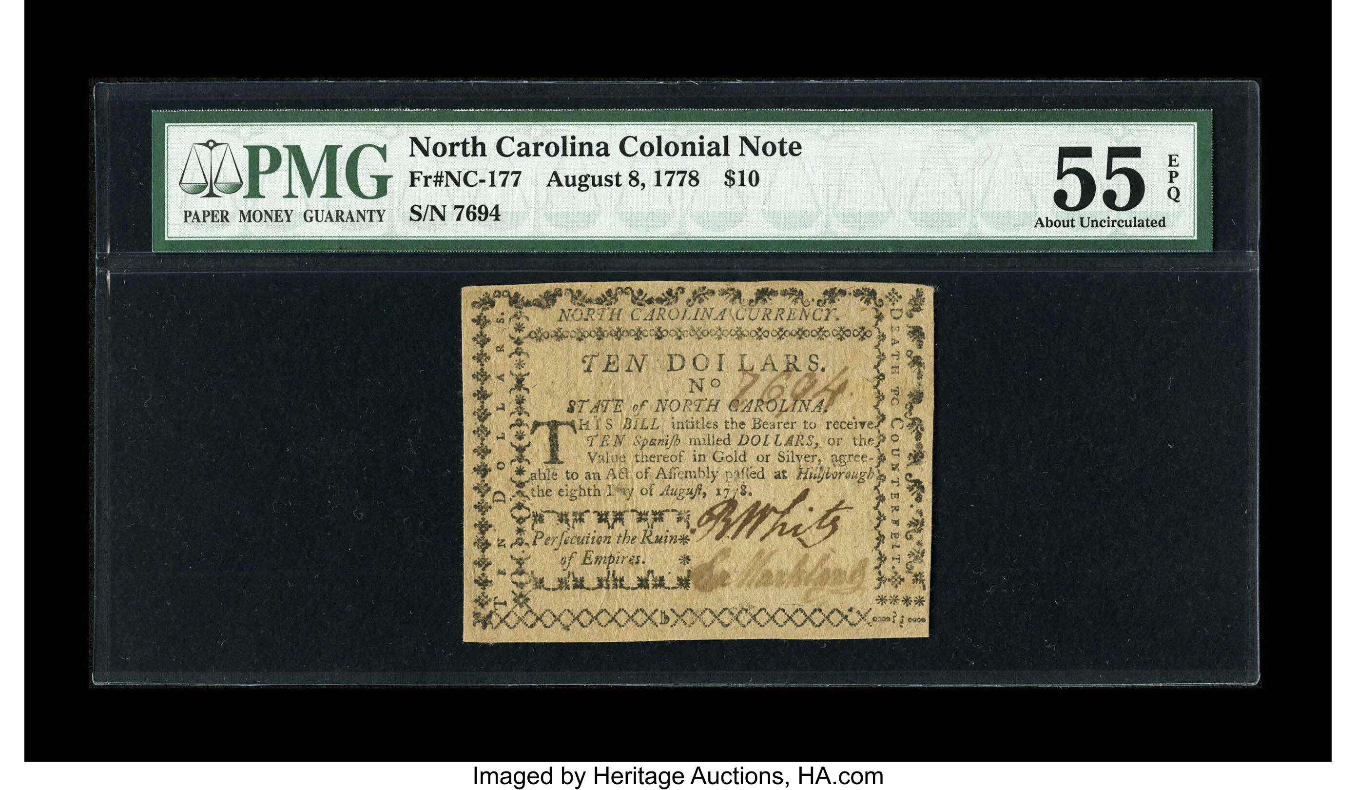 image for: North Carolina August 8, 1778 $10 PMG About Uncirculated 55 EPQ....