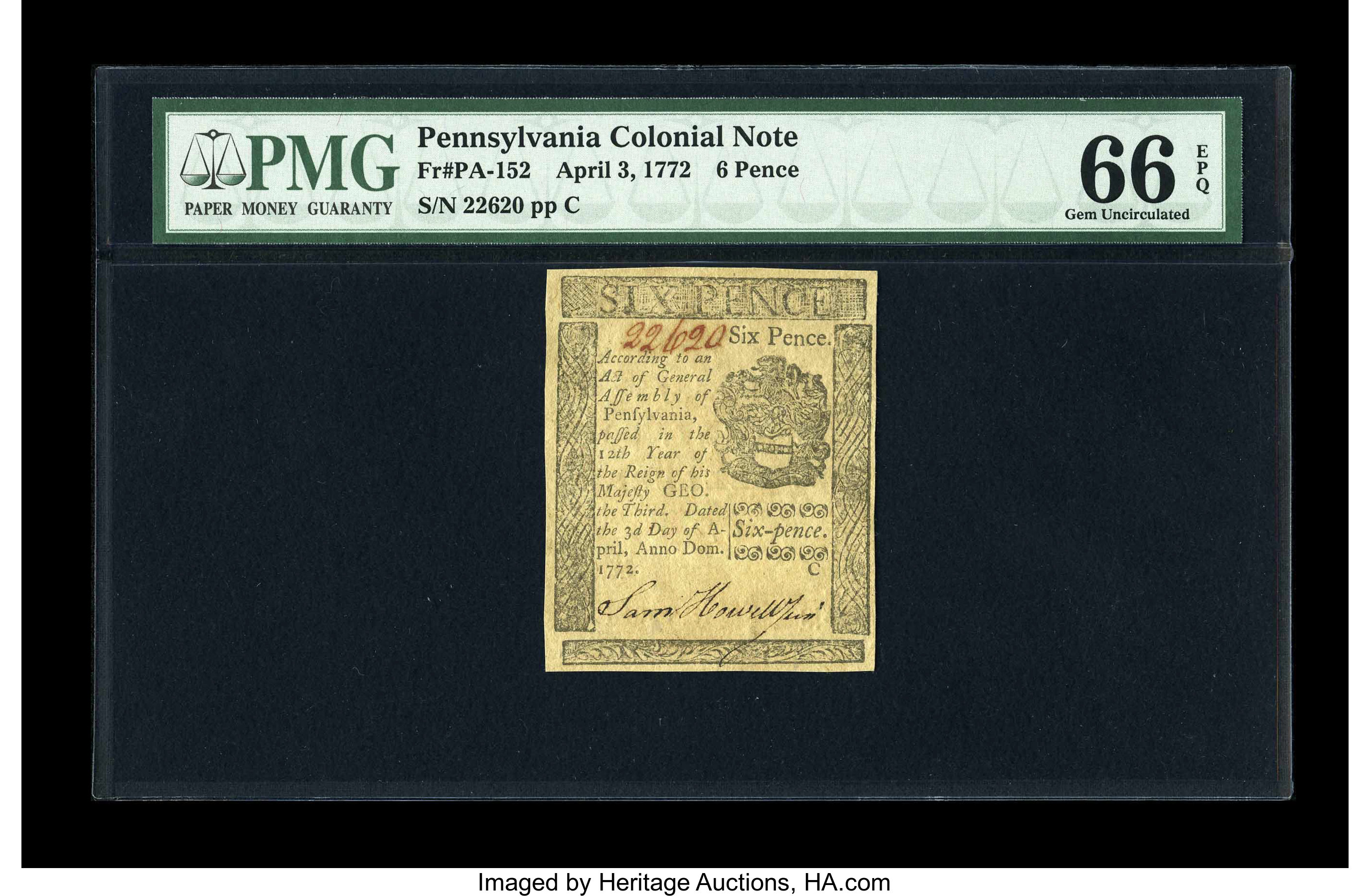image for: Pennsylvania April 3, 1772 6d PMG Gem Uncirculated 66 EPQ....