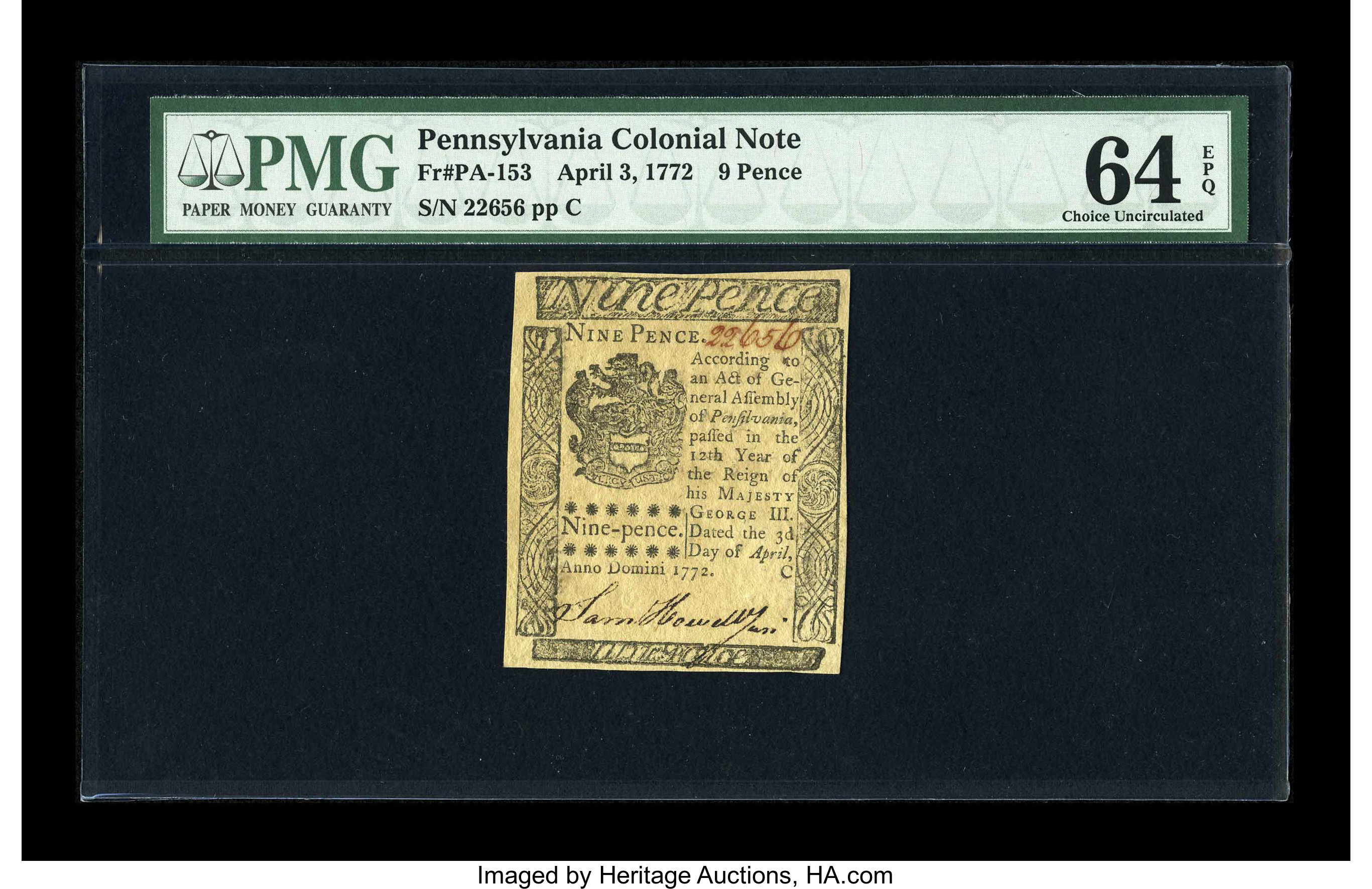 image for: Pennsylvania April 3, 1772 9d PMG Choice Uncirculated 64 EPQ....