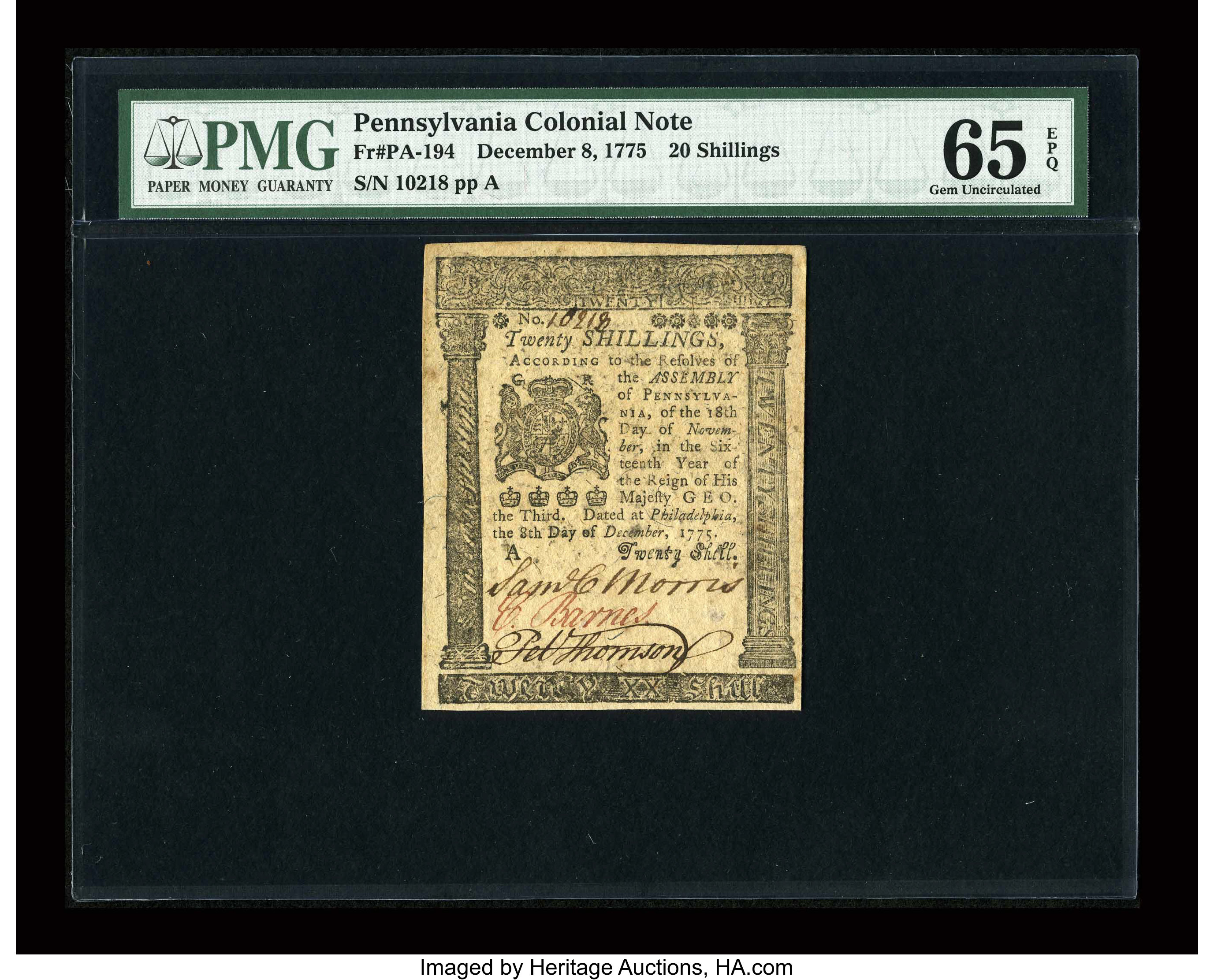 image for: Pennsylvania December 8, 1775 20s PMG Gem Uncirculated 65 EPQ....