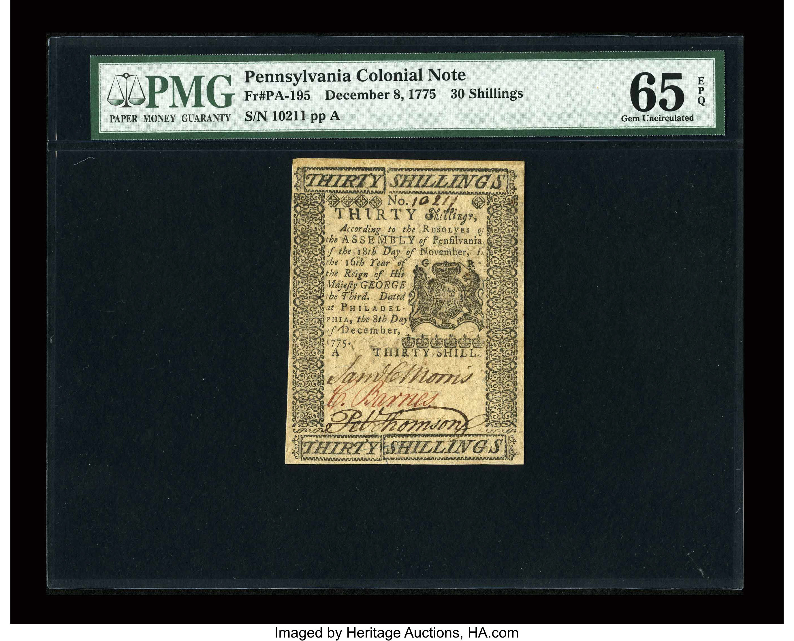 image for: Pennsylvania December 8, 1775 30s PMG Gem Uncirculated 65 EPQ....