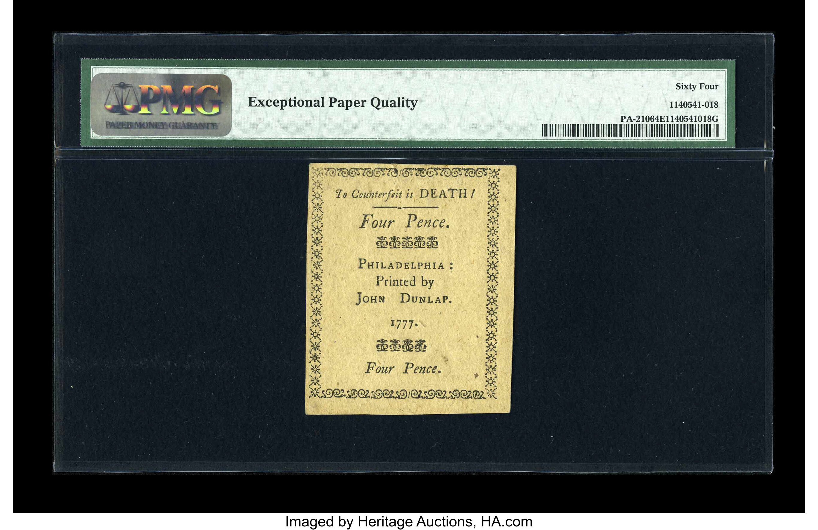 image for: Pennsylvania April 10, 1777 4d PMG Choice Uncirculated 64 EPQ....