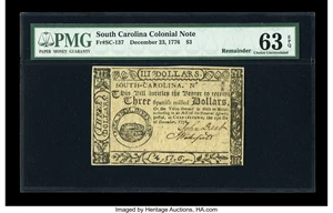 image for: South Carolina December 23, 1776 $3 PMG Choice Uncirculated 63 EPQ....