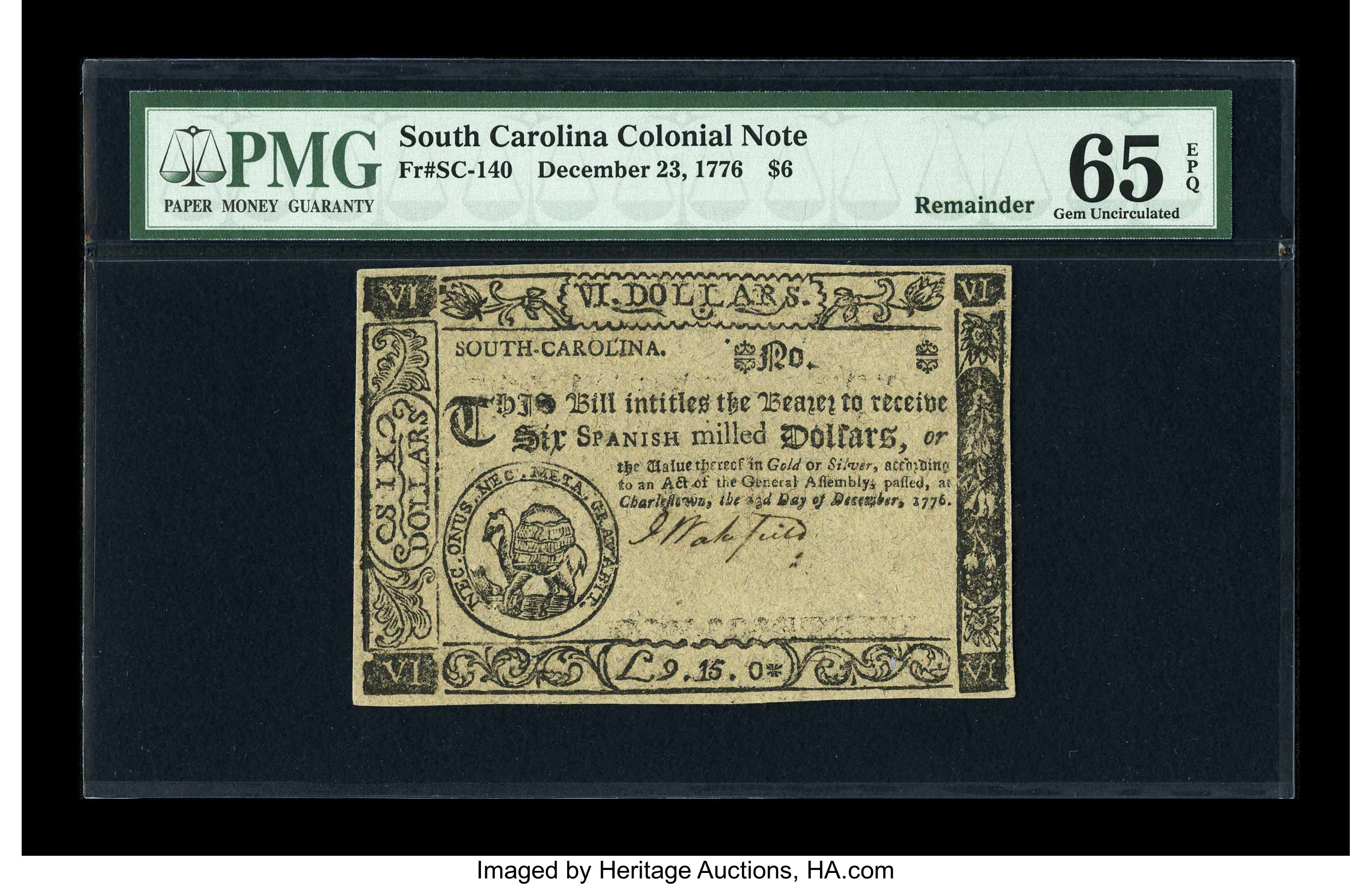 image for: South Carolina December 23, 1776 $6 PMG Gem Uncirculated 65 EPQ....