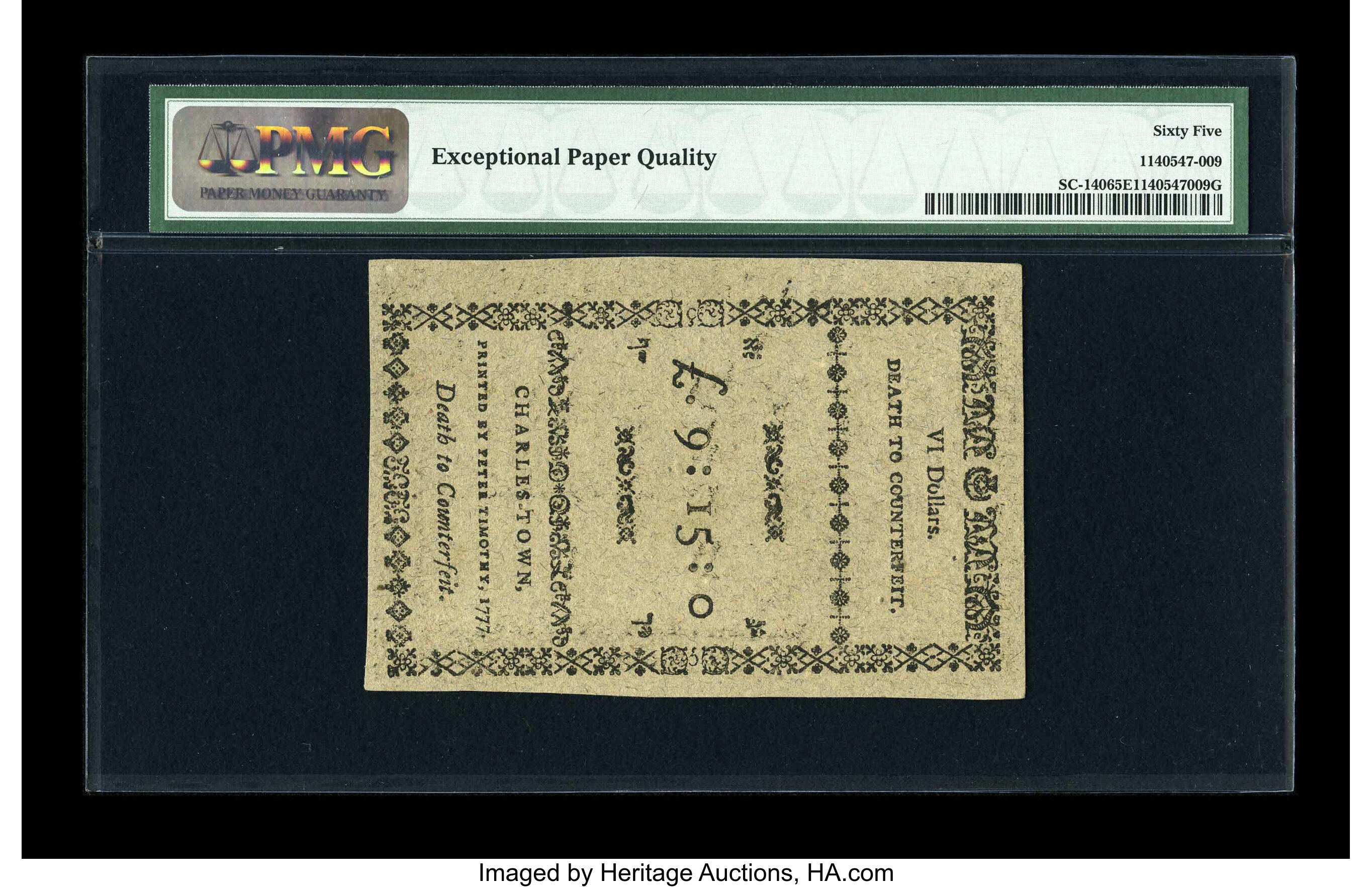 image for: South Carolina December 23, 1776 $6 PMG Gem Uncirculated 65 EPQ....