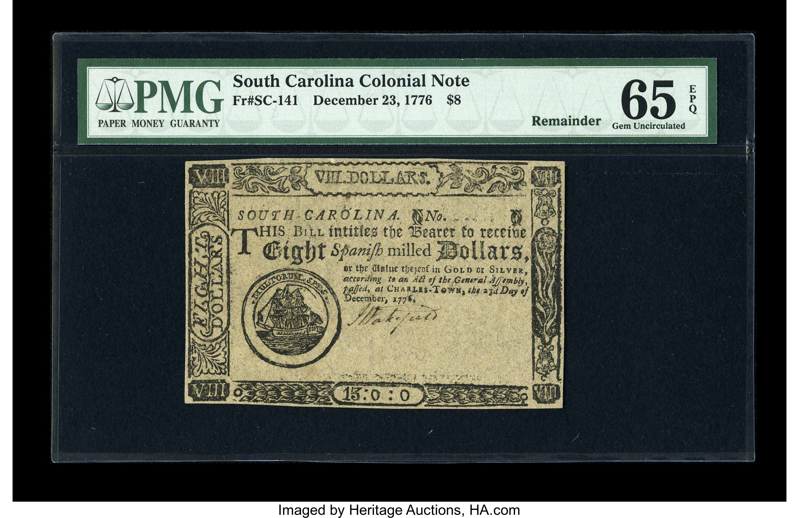 image for: South Carolina December 23, 1776 $8 PMG Gem Uncirculated 65 EPQ....