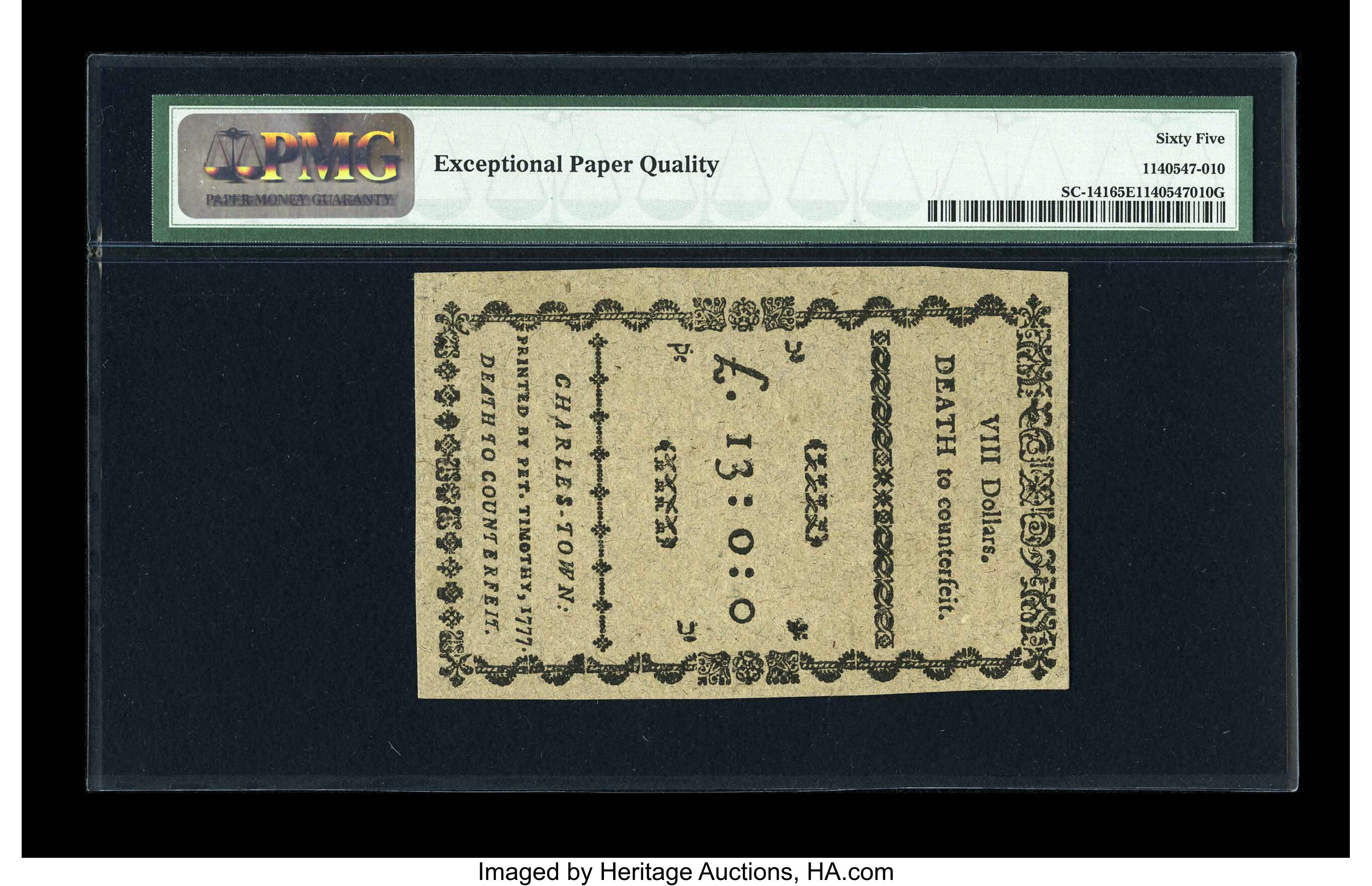 image for: South Carolina December 23, 1776 $8 PMG Gem Uncirculated 65 EPQ....