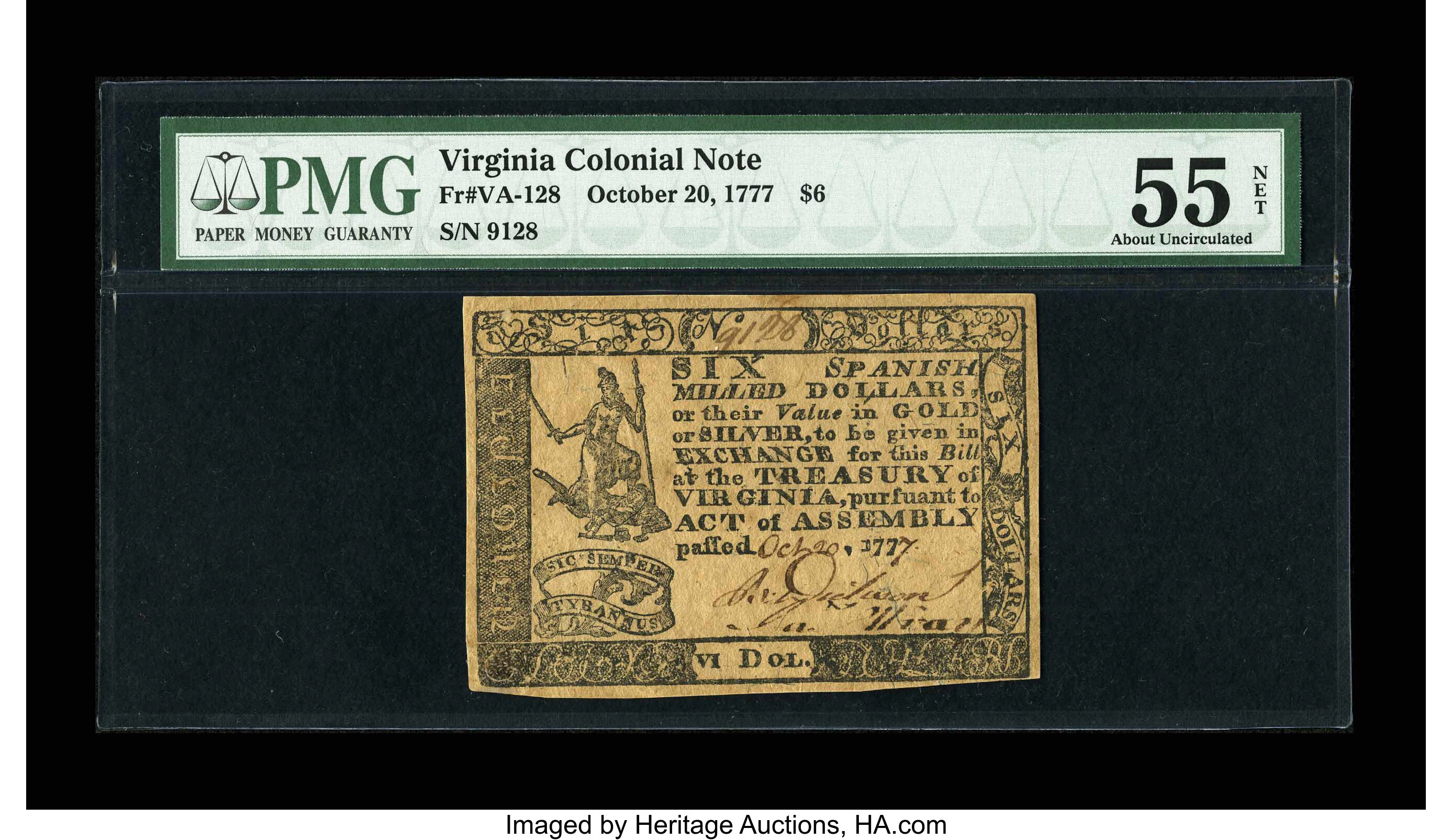 image for: Virginia October 20, 1777 $6 PMG About Uncirculated 55 Net....