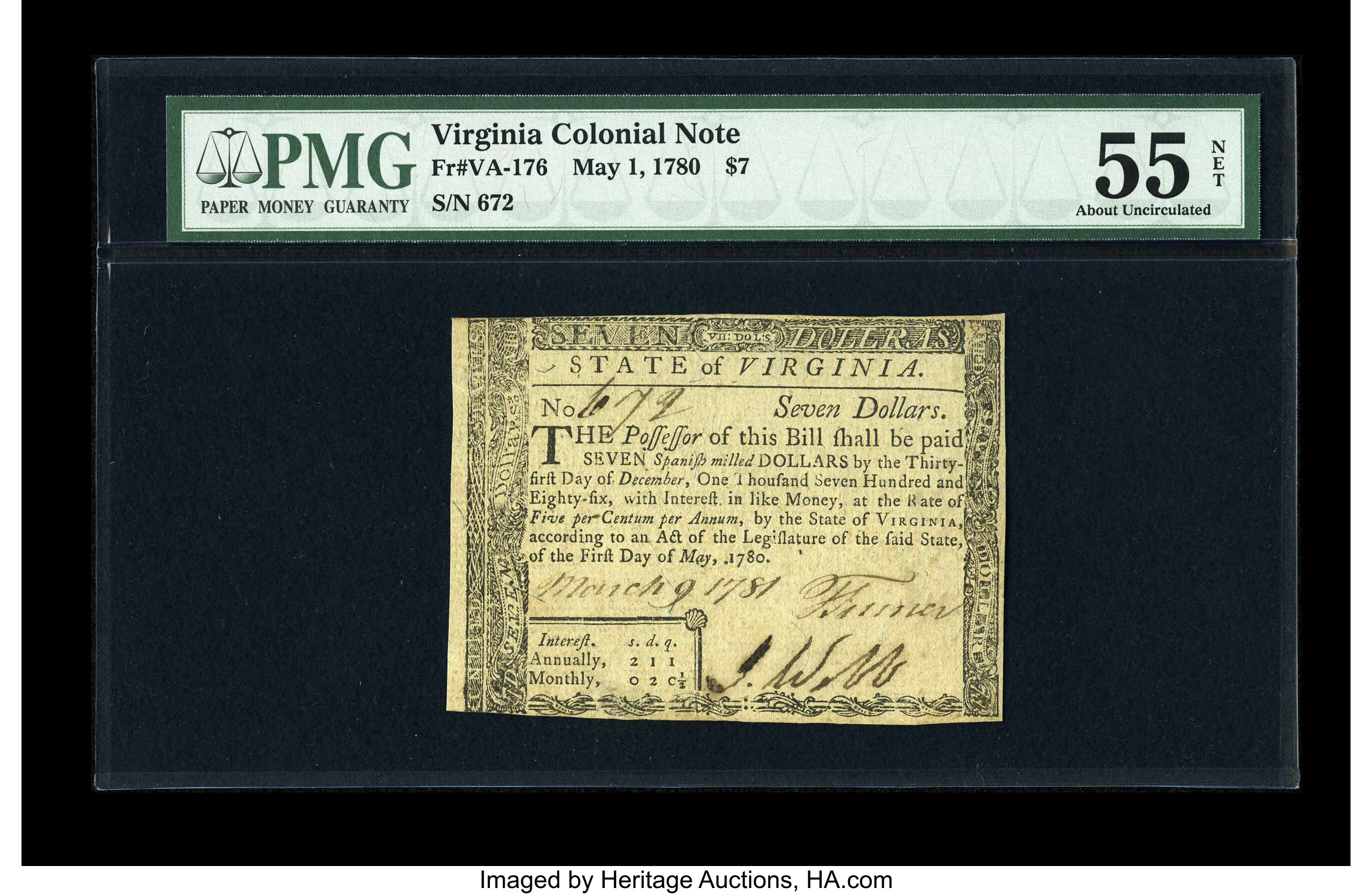 image for: Virginia May 1, 1780 $7 PMG About Uncirculated 55 Net....