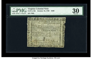 image for: Virginia October 16, 1780 $400 PMG Very Fine 30....