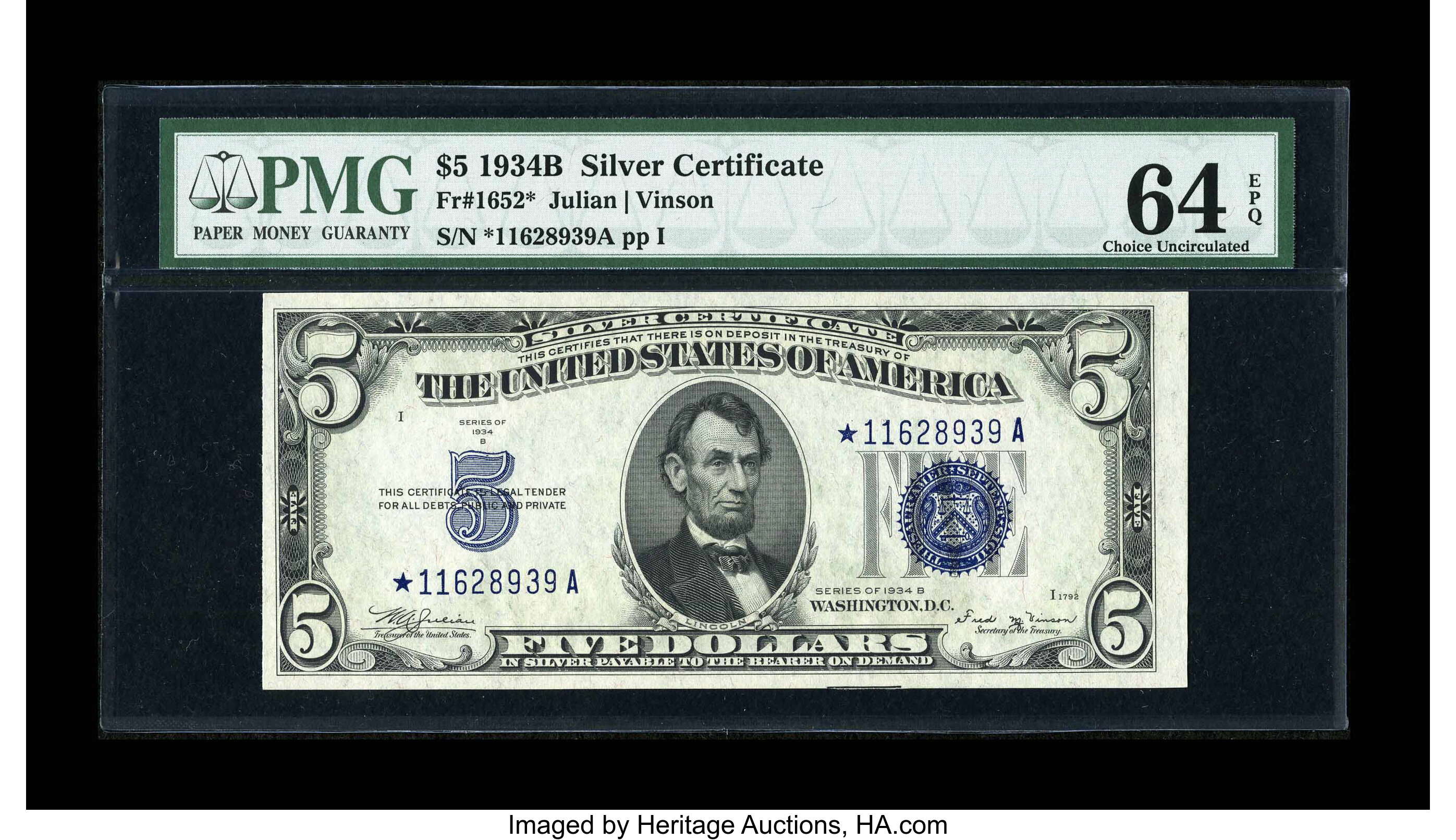image for: Fr. 1652* $5 1934B Silver Certificate. PMG Choice Uncirculated 64 EPQ....