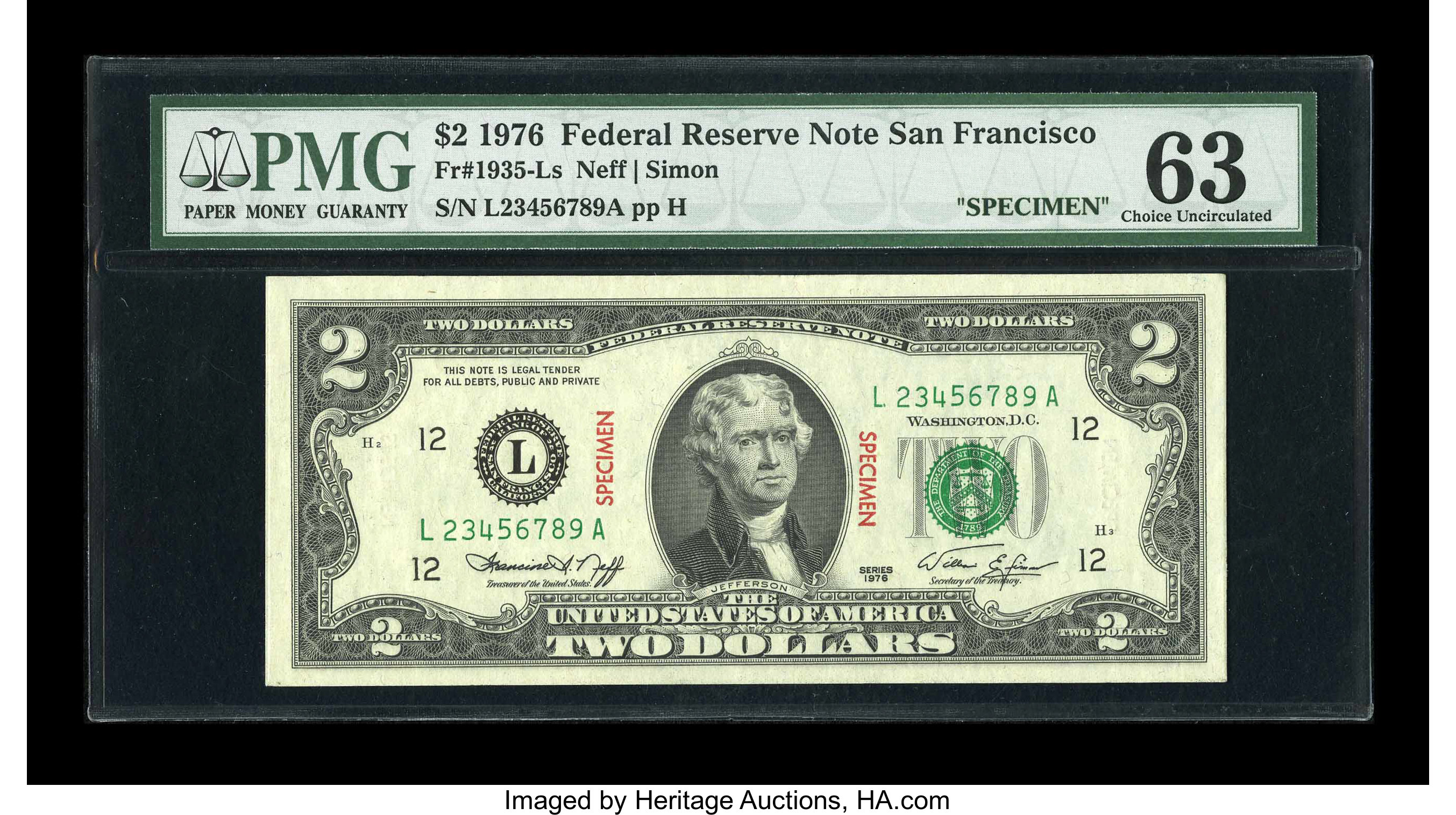 image for: Fr. 1935-L $2 1976 Specimen Federal Reserve Note. PMG Choice Uncirculated 63....