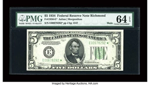 image for: Fr. 1956-E* $5 1934 Mule Federal Reserve Note. PMG Choice Uncirculated 64 EPQ....