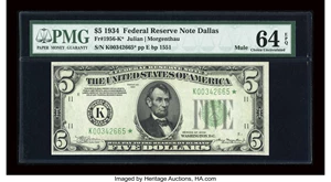 image for: Fr. 1956-K* $5 1934 Mule Federal Reserve Note. PMG Choice Uncirculated 64 EPQ....