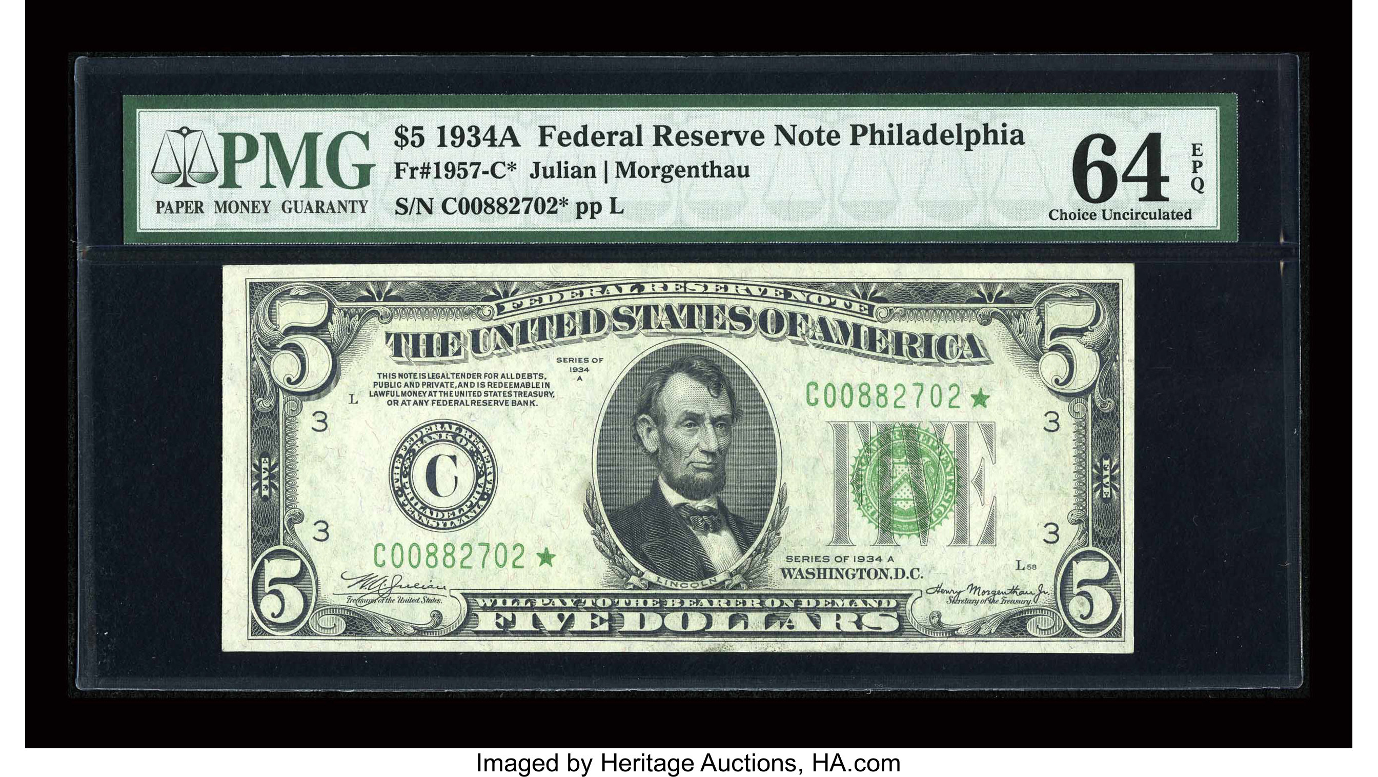 image for: Fr. 1957-C* $5 1934A Federal Reserve Note. PMG Choice Uncirculated 64 EPQ....