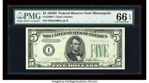 image for: Fr. 1960-I $5 1934D Federal Reserve Note. PMG Gem Uncirculated 66 EPQ....