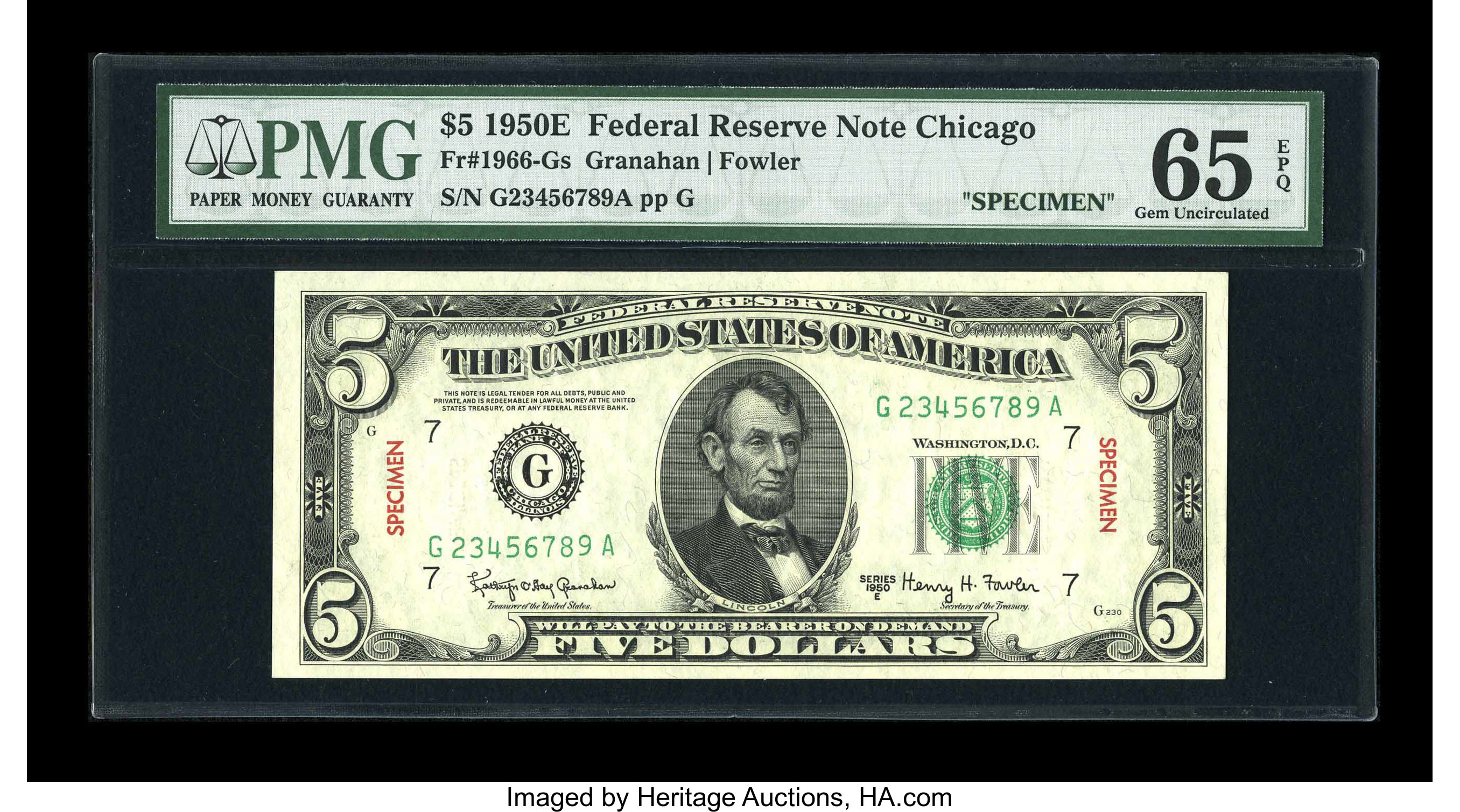 image for: Fr. 1966-G $5 1950E Specimen Federal Reserve Note. PMG Gem Uncirculated 65 EPQ....