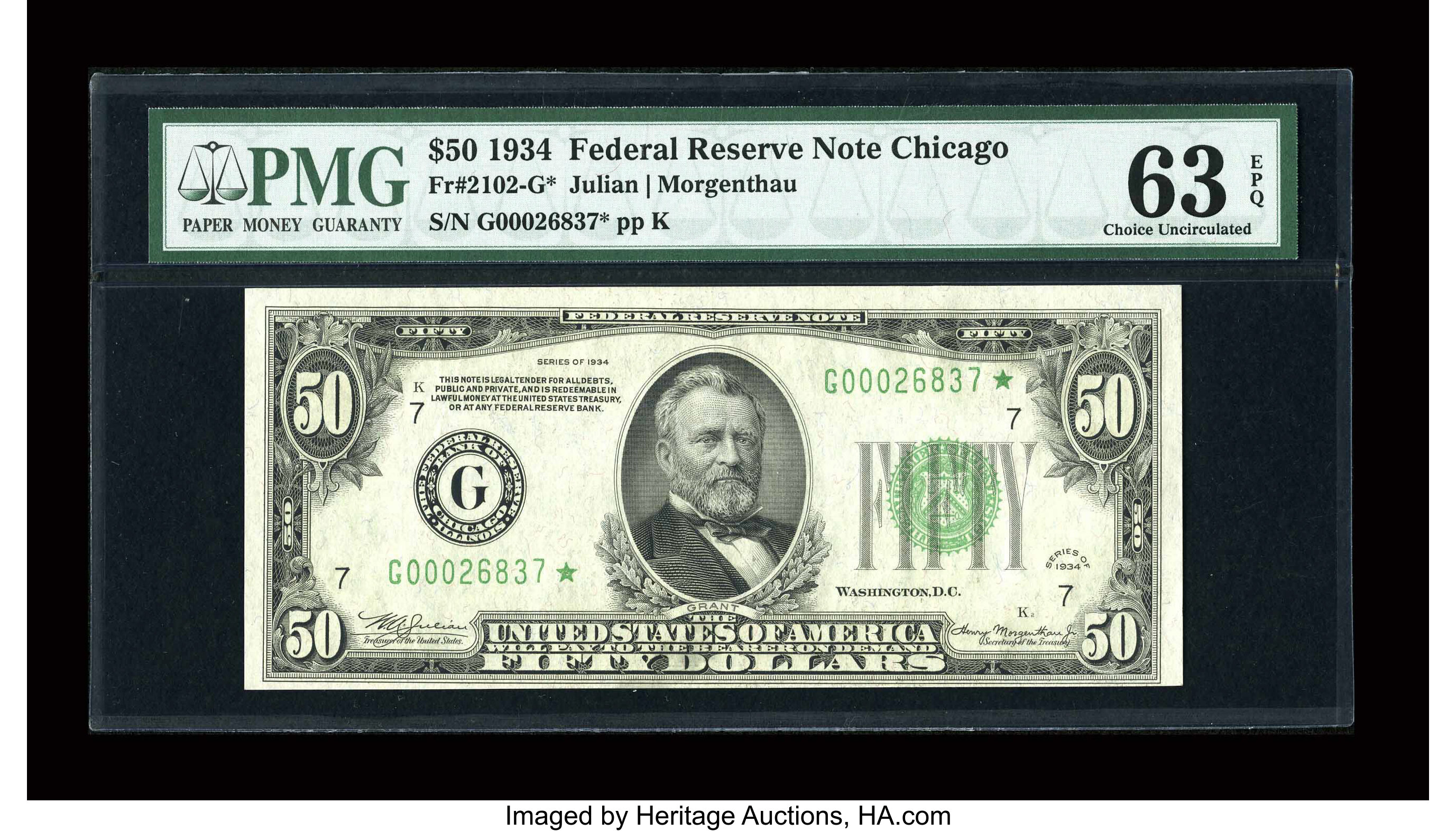 image for: Fr. 2102-G* $50 1934 Dark Green Seal Federal Reserve Note. PMG Choice Uncirculated 63 EPQ....