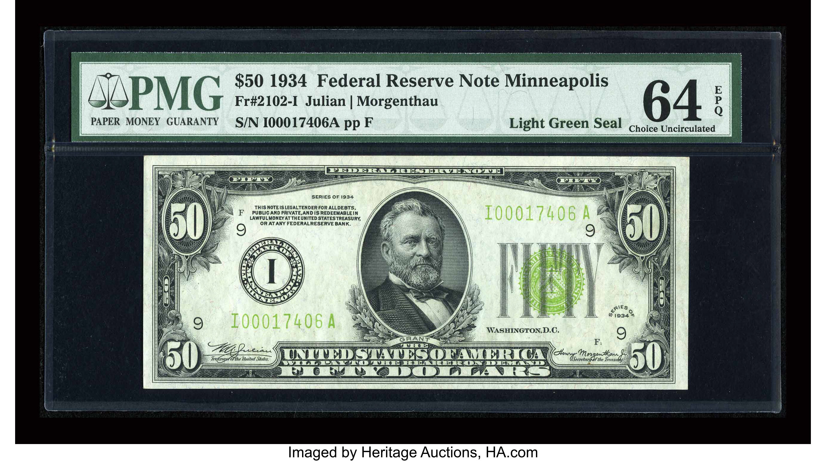 image for: Fr. 2102-I $50 1934 LGS Federal Reserve Note. PMG Choice Uncirculated 64 EPQ....