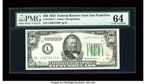 image for: Fr. 2102-L* $50 1934 Dark Green Seal Federal Reserve Note. PMG Choice Uncirculated 64....