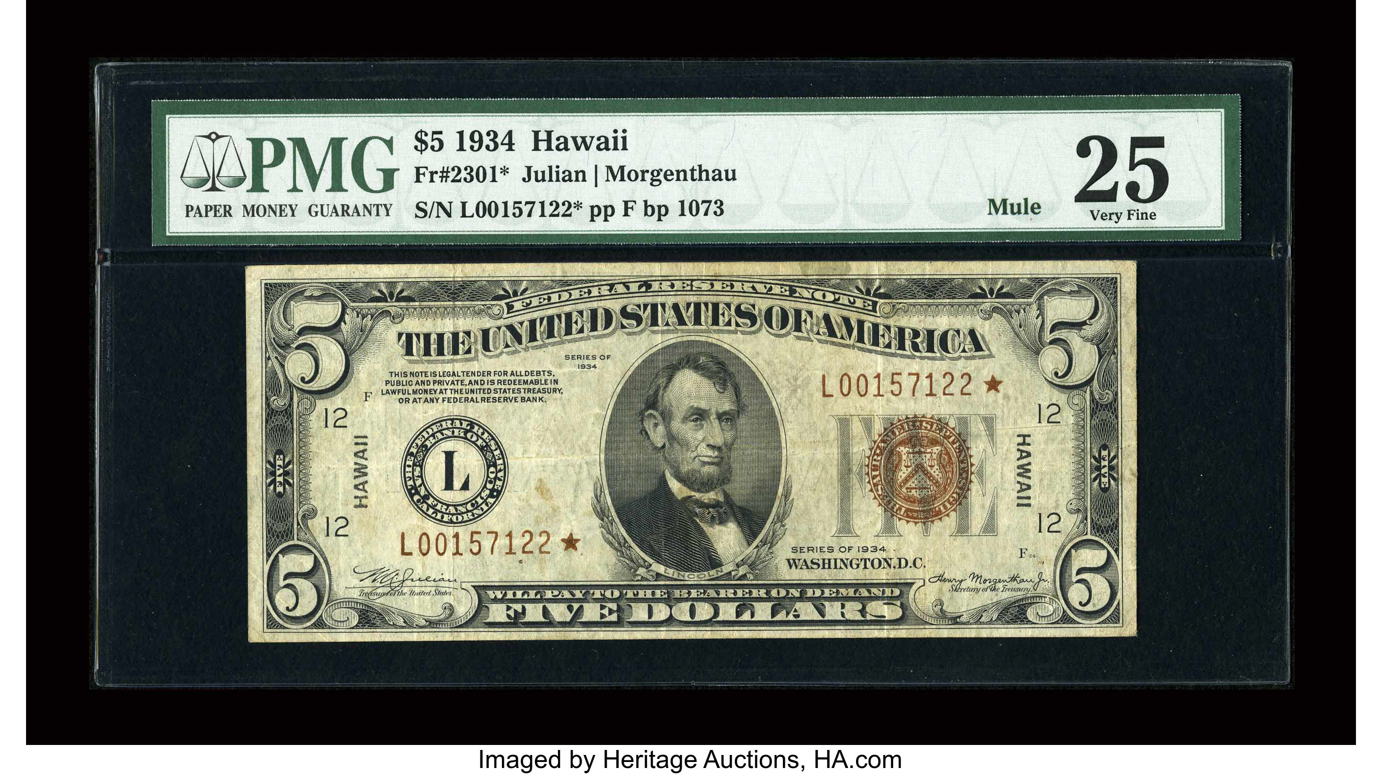 image for: Fr. 2301* $5 1934 Mule Hawaii Federal Reserve Note. PMG Very Fine 25....