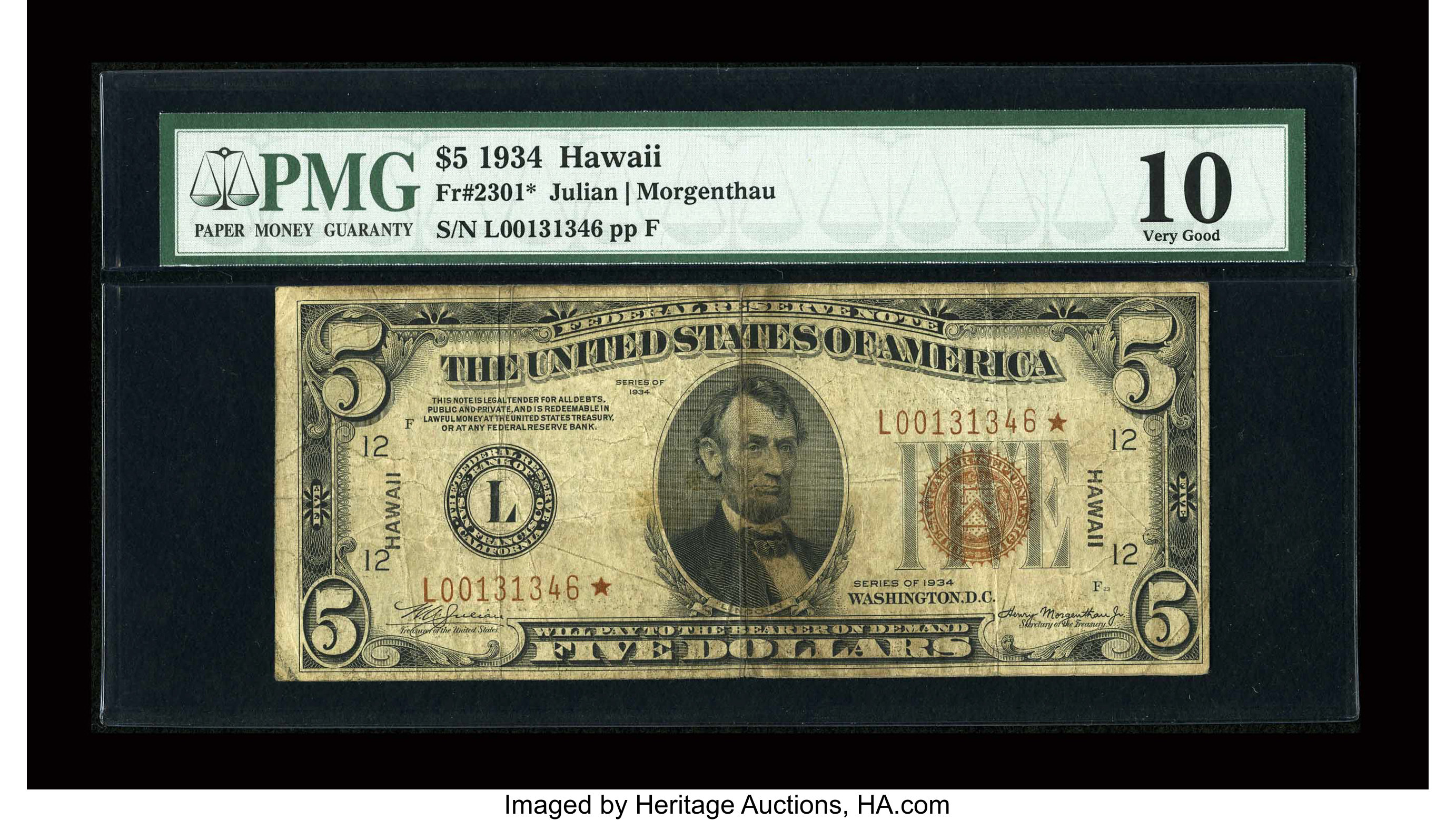 image for: Fr. 2301* $5 1934 Hawaii Federal Reserve Note. PMG Very Good 10....